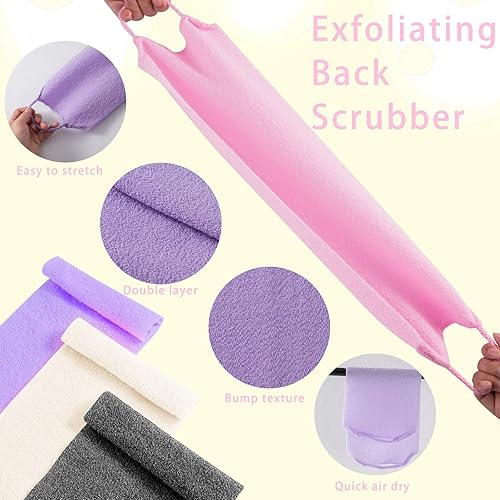 Miniatura 2 de 4 unidades de exfoliante para la espalda para la ducha, de nailon, exfoliante corporal, exfoliante de espalda elástico con asa, limpiador exfoliante