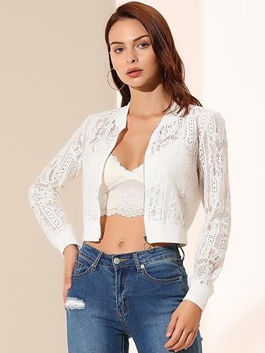 Miniatura 2 de Allegra K - Chaqueta corta de mujer con cuello levantado, cremallera, sexy, transparente, de encaje gótico, ligera, estilo béisbol