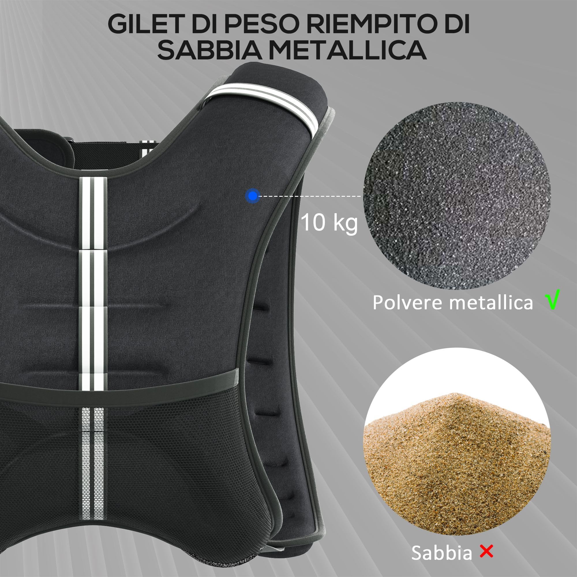 HOMCOM Gilet Zavorrato 5/8/10 kg Traspirante con Tasca Portaoggetti e Spallacci, Gilet con Pesi in Tessuto Oxford, Metallo e Sabbia