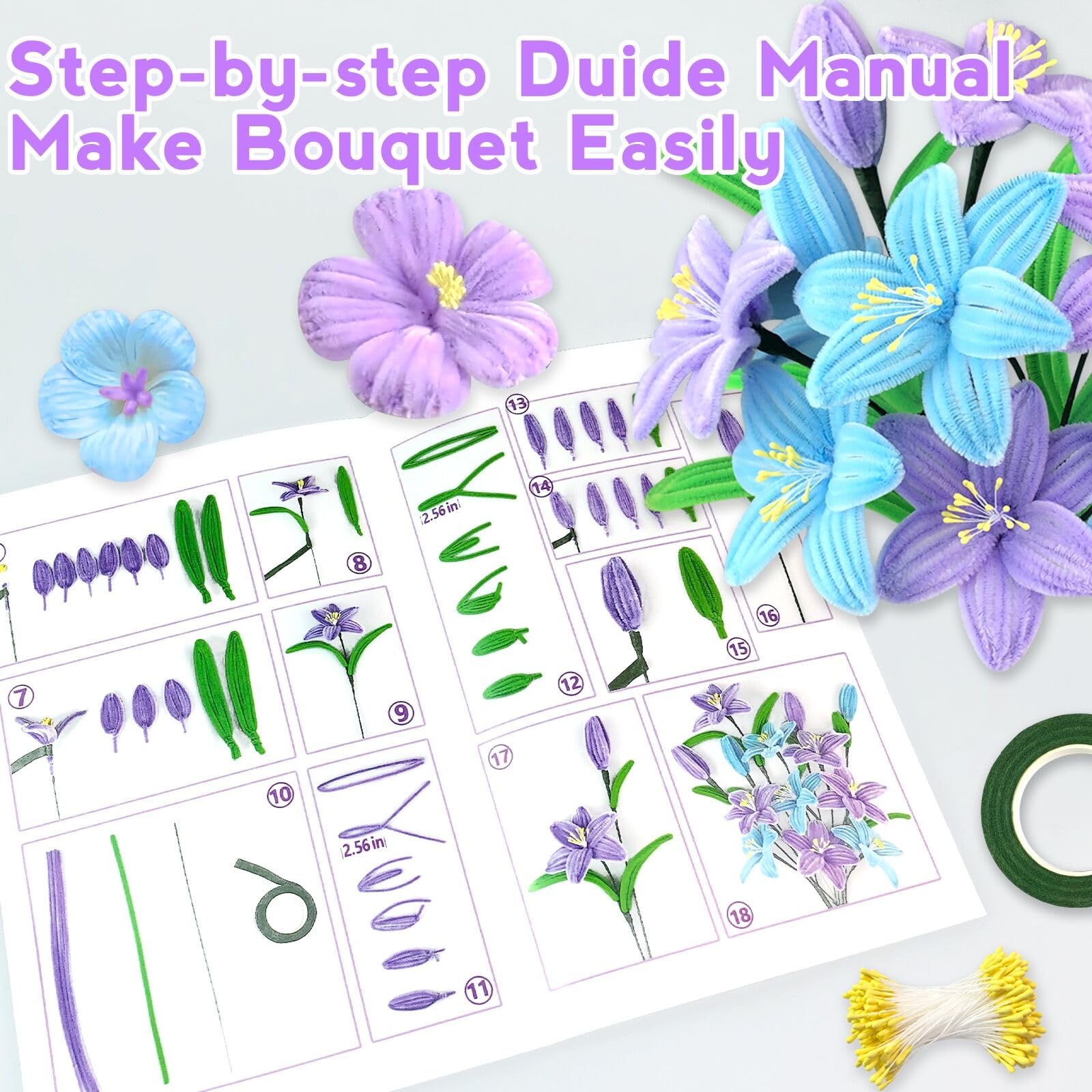 420 Stück Pfeifenreiniger Bastelset – Mit Bastelfaden, Geschenkband & Blumenstaubblättern, 4 Farben, Für DIY-Blumen
