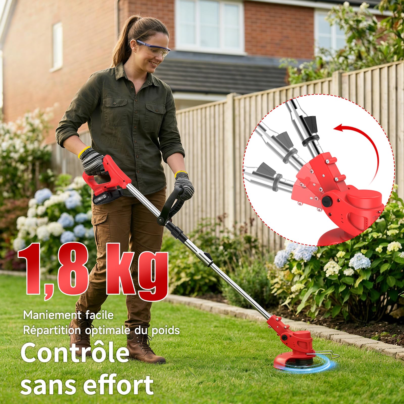 Debroussailleuse Electrique sans Fil 850W Rotofil Batterie 1.8kg Pliable 60cm Manche Telescopique 2X 2000mAh 26 Lames 4 Types pour Entretien Jardin (Rouge Velours)