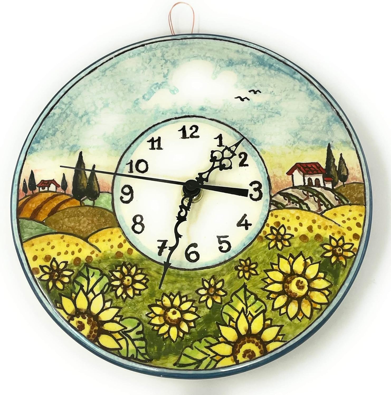 CERAMICHE D'ARTE PARRINI - Italian Ceramic Wall Small Clock Small, Decoration Landscape Sunflowers Tuscan Hand Painted Made in Italy Art Pottery