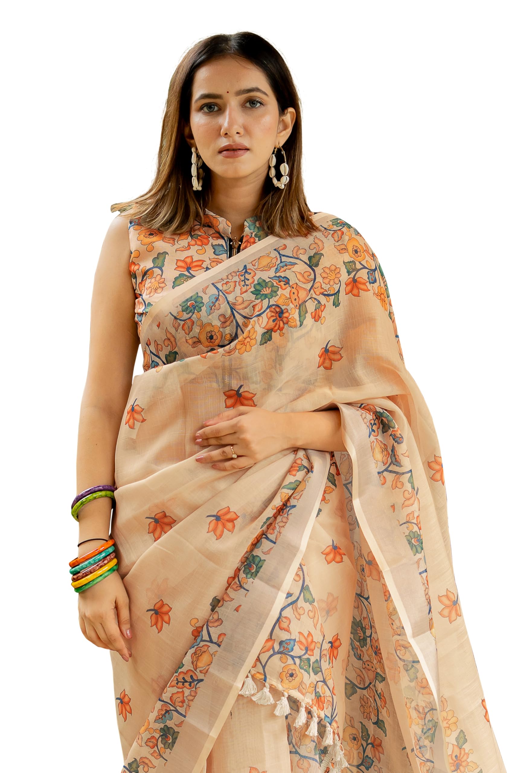 mirchi fashion Women's Two Part Mekhla Chador Assamese Linen Cotton Digital Ikkat Blocks Printed Saree with Blouse Piece-picture-57