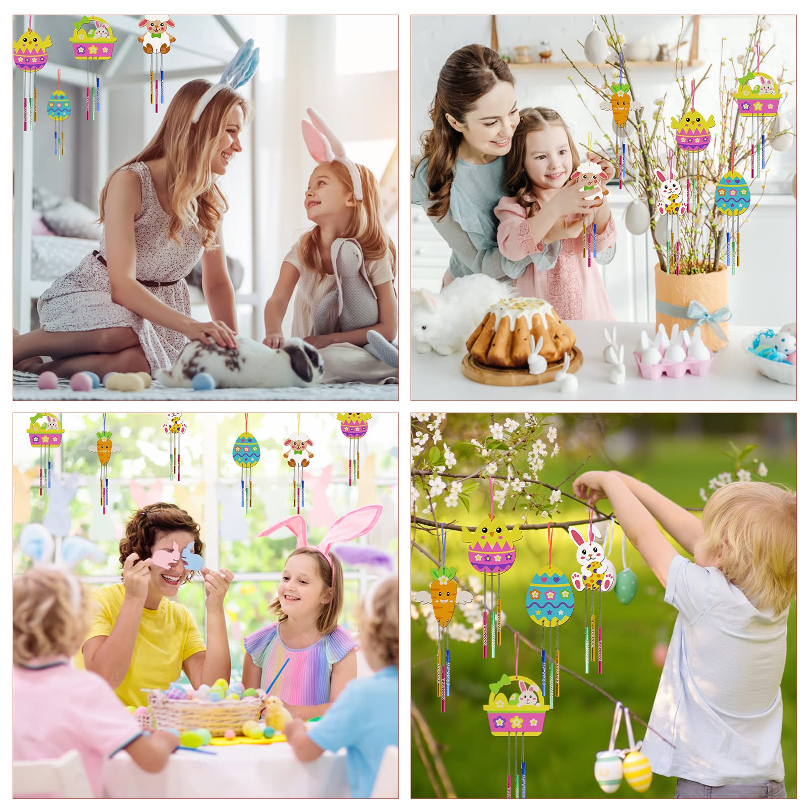 WEDNOK 12 piezas Kit de Pascua para niños, Campanas de viento de Pascua de madera para pintar, Decoraciones de Pascua, para regalos de Pascua
