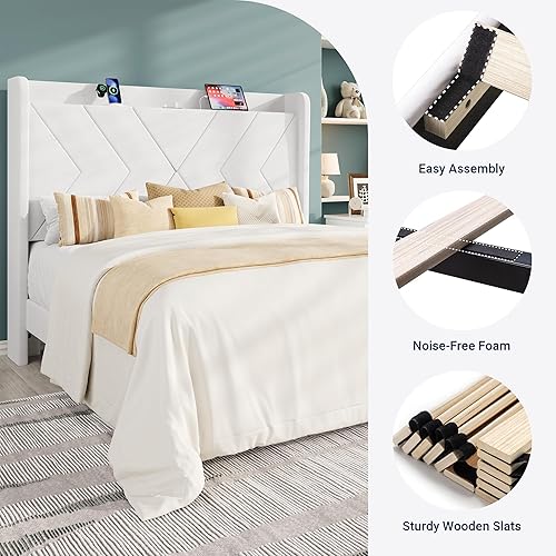 Miniatura 6 de Allewie Base de cama de plataforma de tamaño matrimonial con estación de carga y estante de almacenamiento, cabecera tapizada de terciopelo con