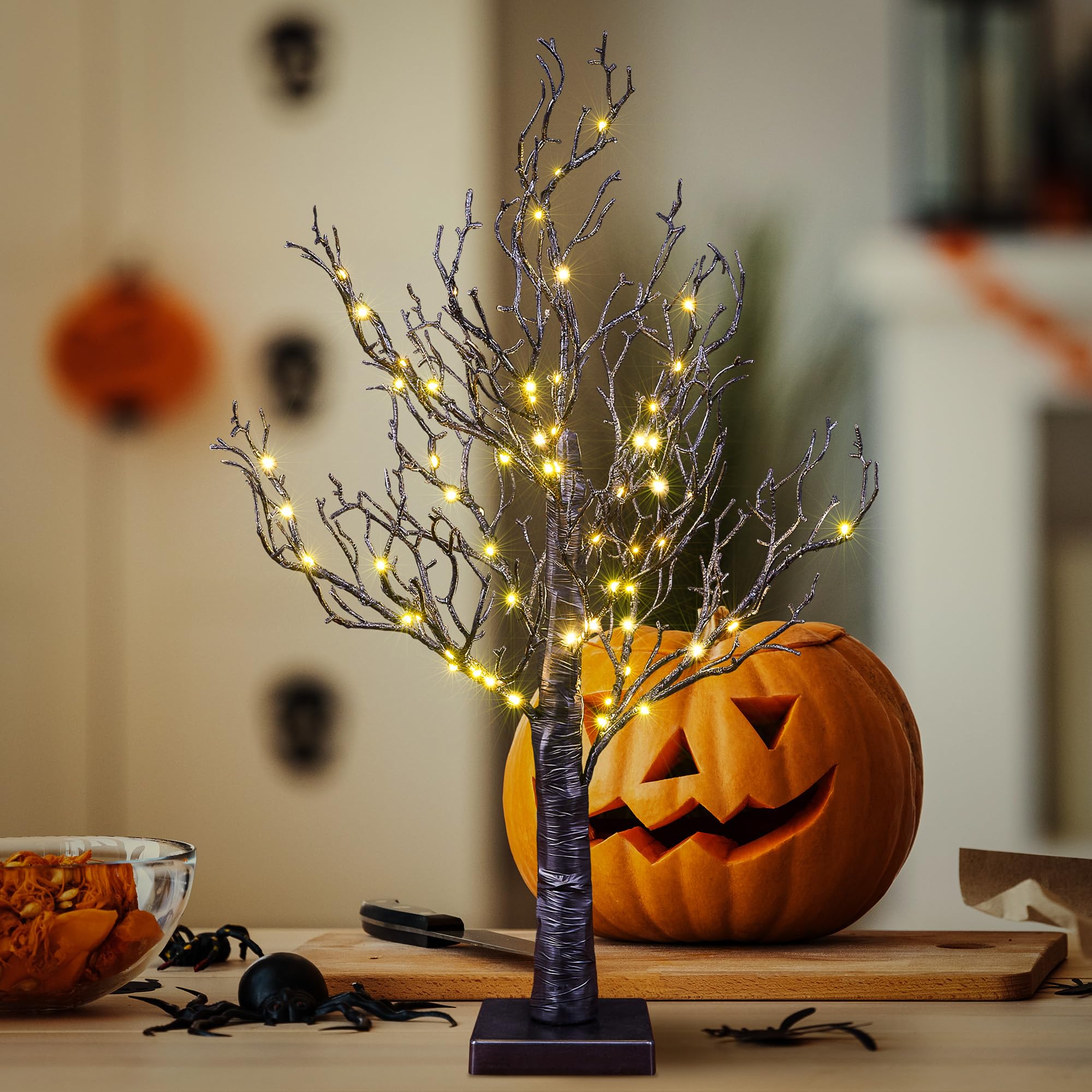 LIGHTSHARE 24IN Lighted Willow Tree Bonsai 70 Mini LED Lights Artificial Black Birch Tree for Home, Festival, Nativity, Party, and Christmas Decoration, Plug in or Battery (Black)