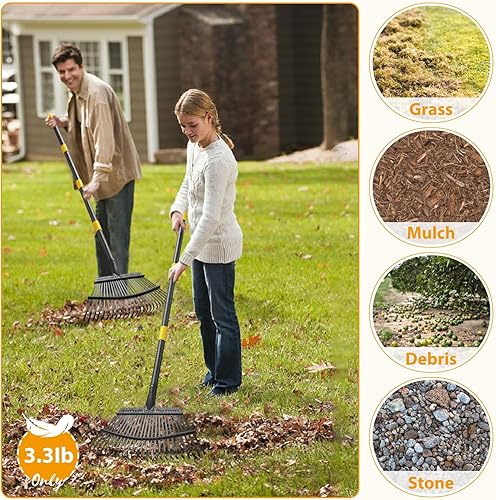 Miniatura 4 de Rastrillo de hojas de 25 dientes de metal, rastrillo de jardín para hojas y césped, herramientas manuales de jardinería y mango de acero largo de 65