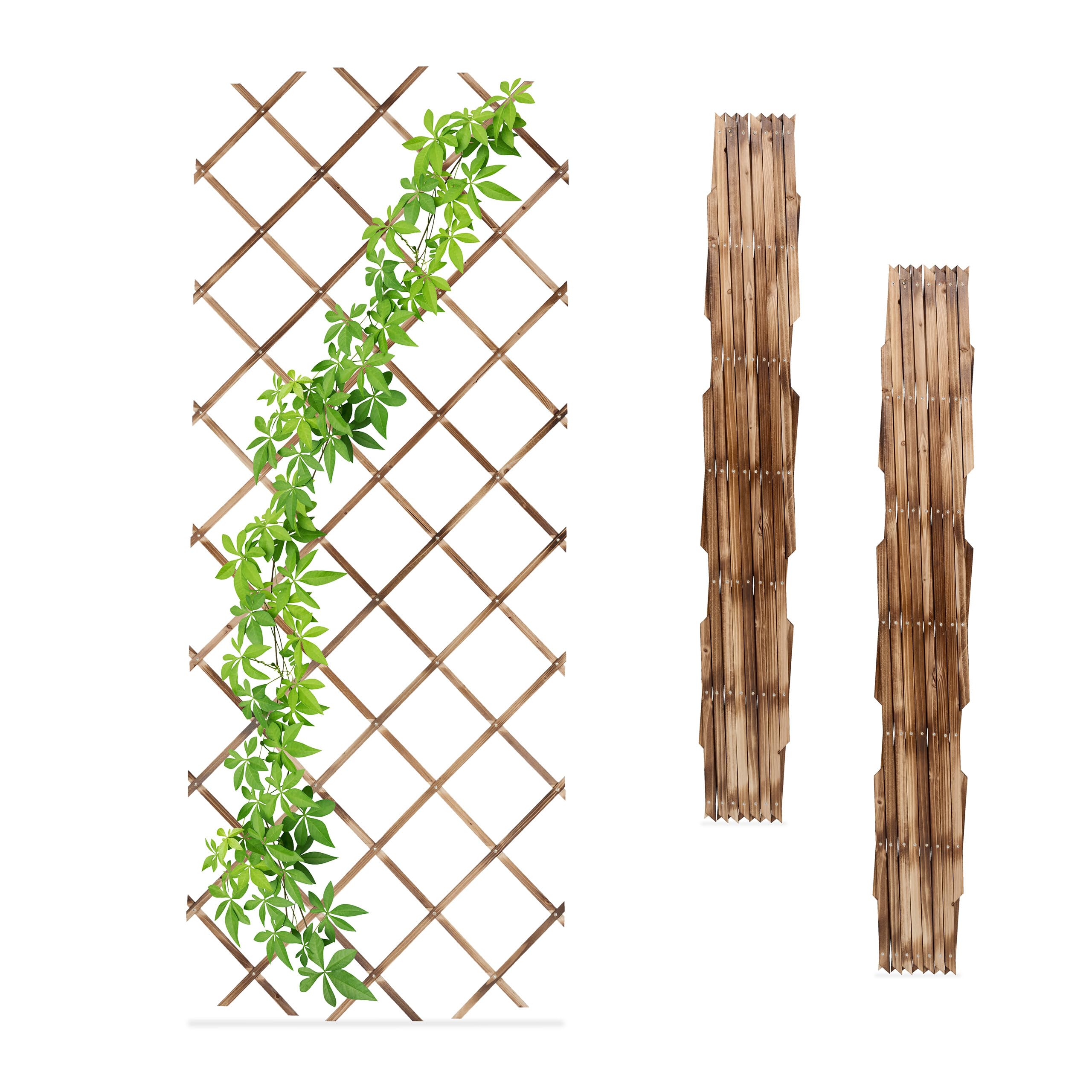 Relaxdays 3x Garden Trellis, Climbing Plants Support, Balcony & Terrace, Extendable, Wooden Wall Frame, Flamed Natural