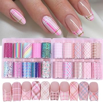 Nail Foils Transfer Nail Art 20 Rolls Pink Plaid Nail Art Foils Checkerboard Leopard Flower Heart Polka Dots Prints Starry Paper DIY Line Colorful Stickers Manicure Decoration Accessories for Women