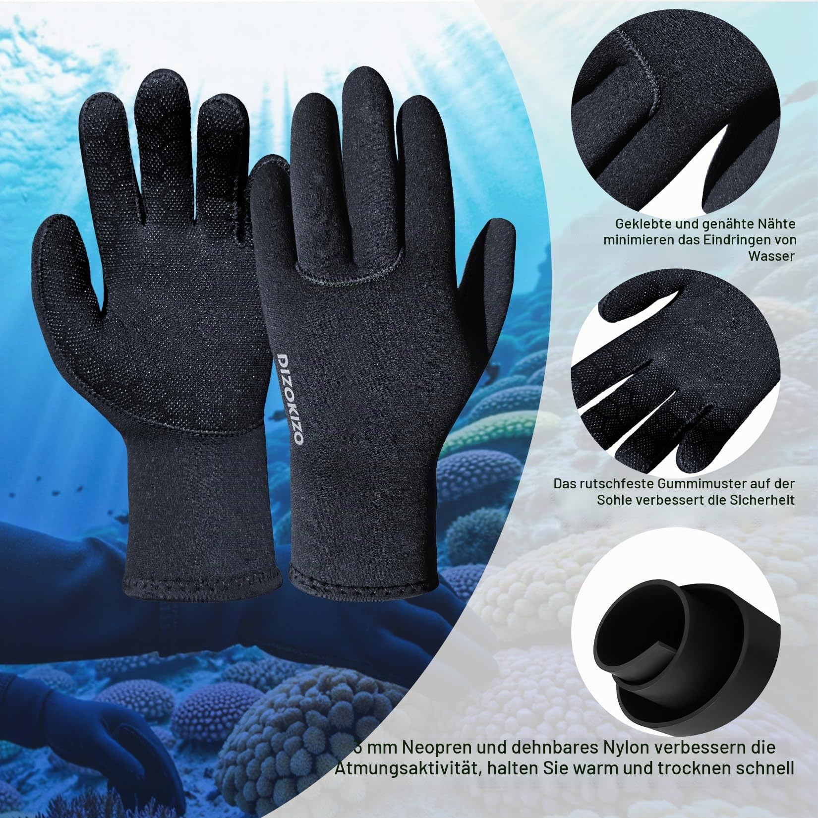 Neoprenhandschuhe 3mm Thermohandschuhe für Männer Frauen, 5-Finger rutschfeste Schwimmhandschuhe für Tauchen Schnorcheln Kajakfahren Surfen