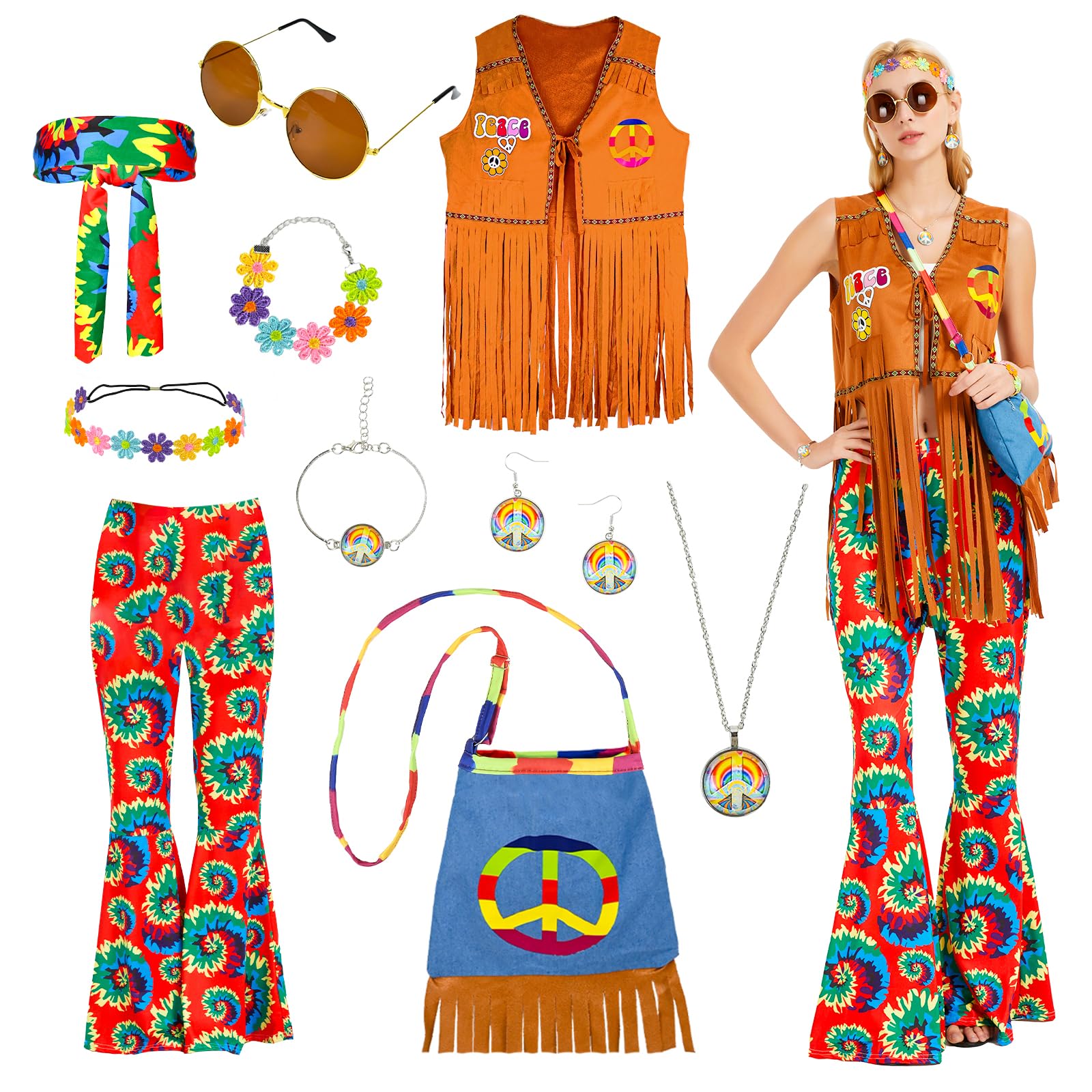 Ulikey Disfraz Hippie Mujer, Mujer Chaleco sin Mangas Pantalón Acampanado Pendientes Collar con Signo Paz Diadema Bolsa, Disfraz Discoteca de Años 60 y 70 Carnaval para Fiesta Disco Cosplay