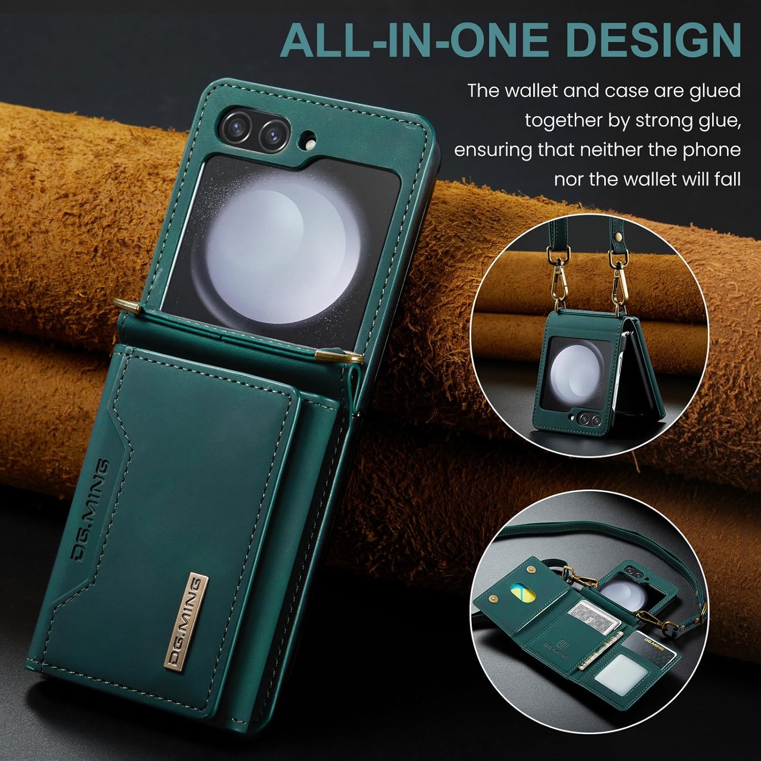 for Samsung Galaxy Z Flip 5 Case with Crossbody Wallet, 8 Cards Slot and Premium Leather Kickstand Vintage Card Holder.(Green)