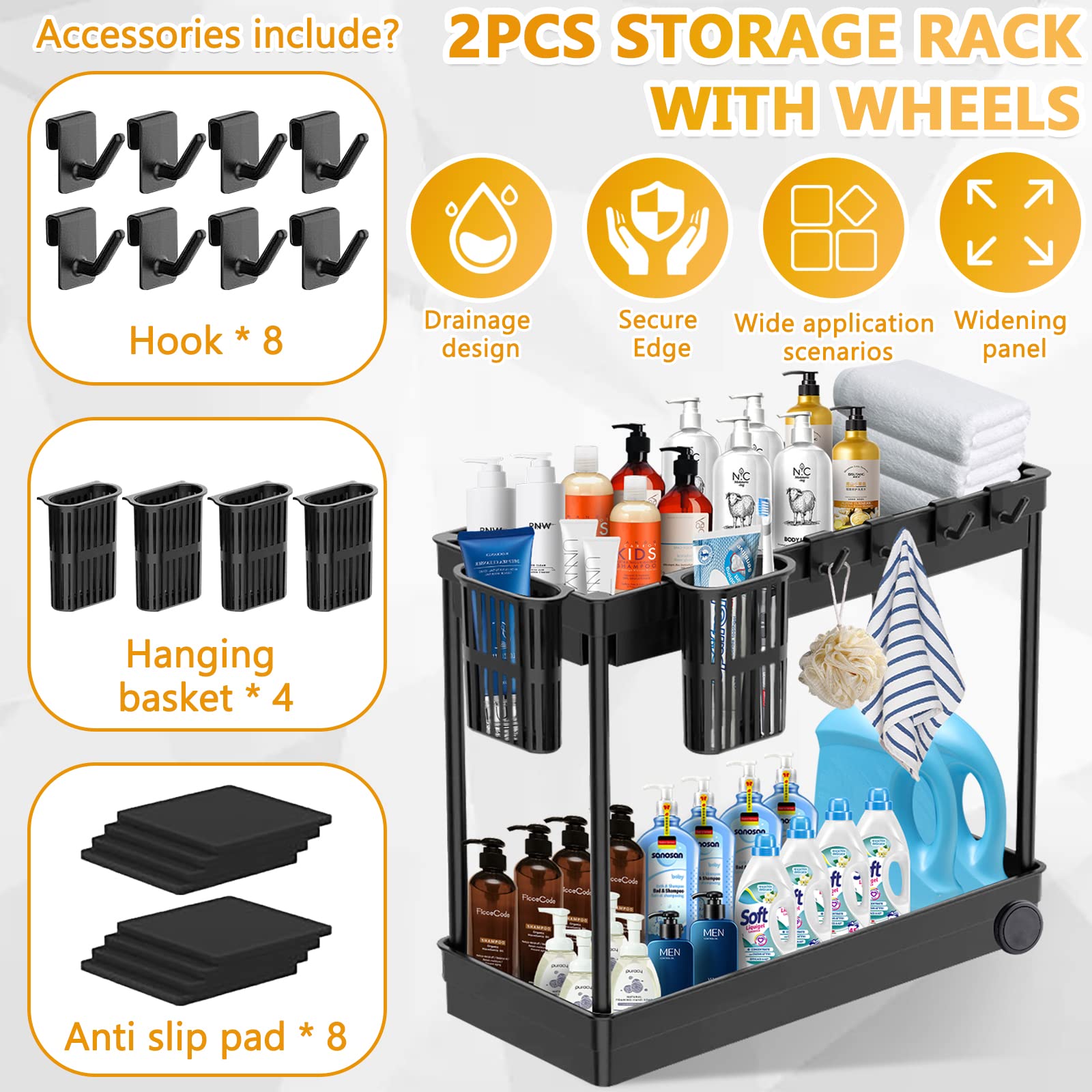 2 pezzi Organizer Sottolavello Cucina,Organizzatore sotto il lavandino a 2 livelli con 8 Ganci e 4 Tazza appesa porta detersivi sottolavello ripiani cucina salvaspazio Cucina Bagno Cosmetici