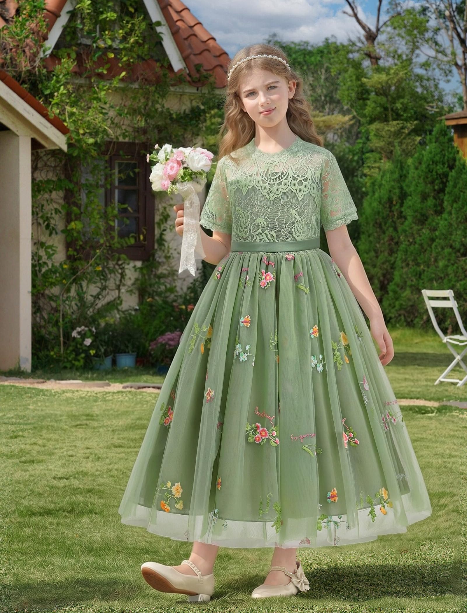 Abito da bambina in pizzo, a maniche corte, girocollo, in tulle, da principessa, per compleanno, damigella d'onore, matrimonio, festa, cerimonia, prima comunione