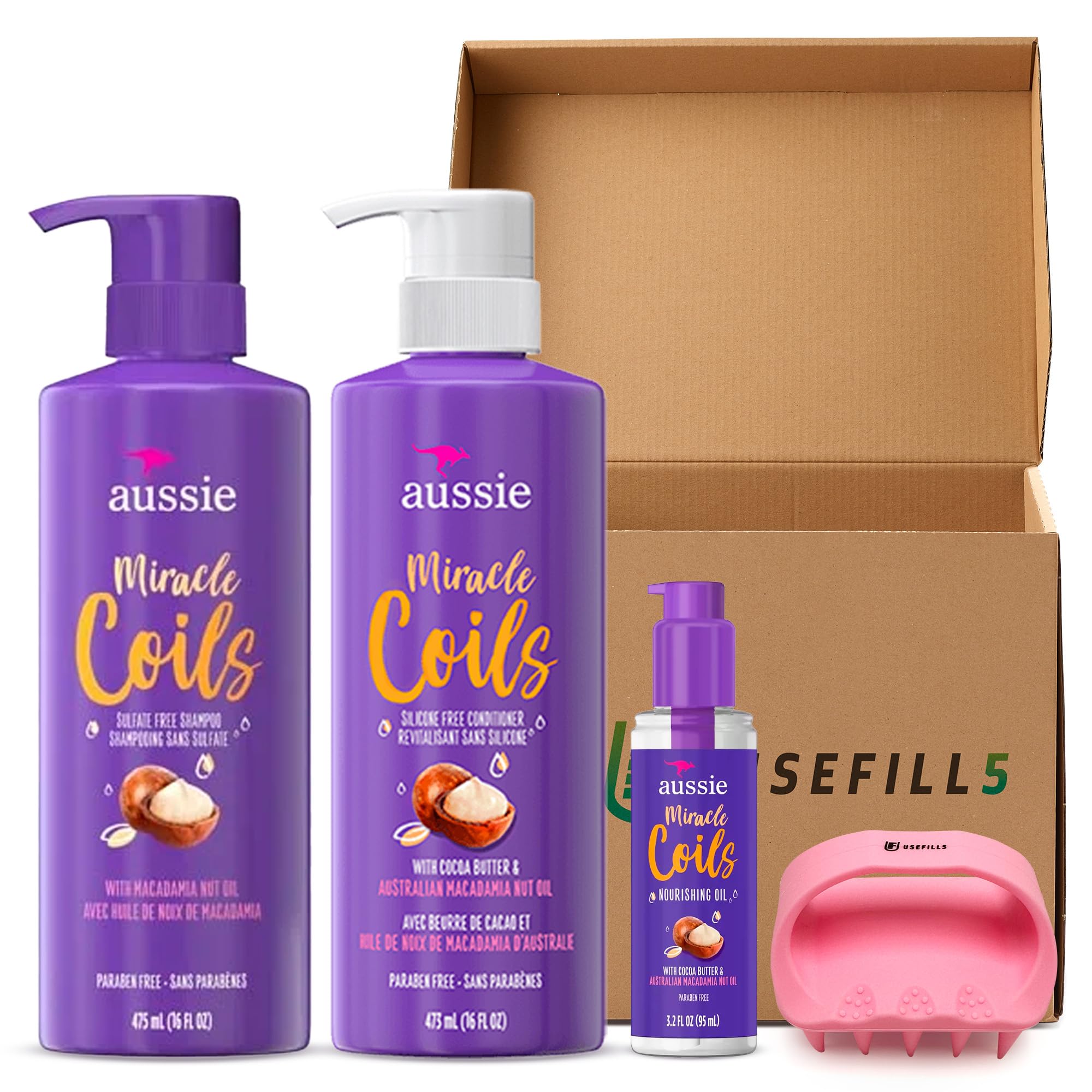 Shampoo and Conditioner Set Nourishing Hair Kit Curly Hair Products Macadamia Nut 3 Product Bundle Includes Aussie Miracle Coils with Branded Silicone Scalp Brush by USEFILL5