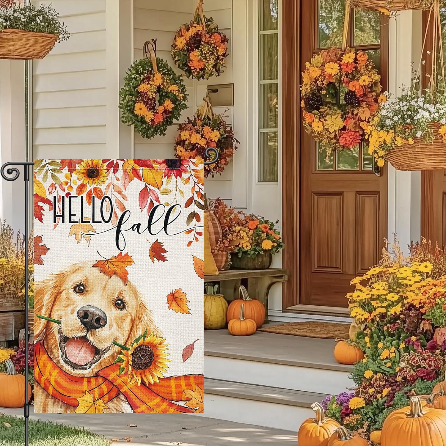 Louise Maelys Hello Fall Garden Flag Golden Retriever Dog Maple Sunflower 12x18 Inch Double Sided Seasonal Autumn Floral Welcome Small Burlap Yard Sign Outside Outdoor House Decoration - Image 2