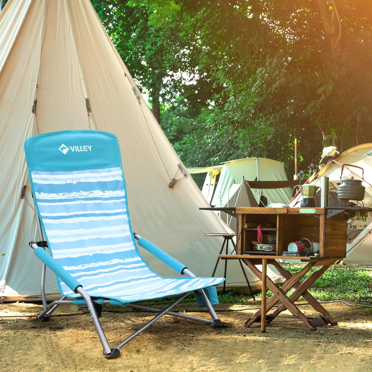 VILLEY Low Beach Chair, High Back Folding Chair for Adults, Lightweight and Portable for Outdoor, Camping, Lawn, Music Festival, with Cup Holder and Carry Bag - Blue Stripes - Image 2