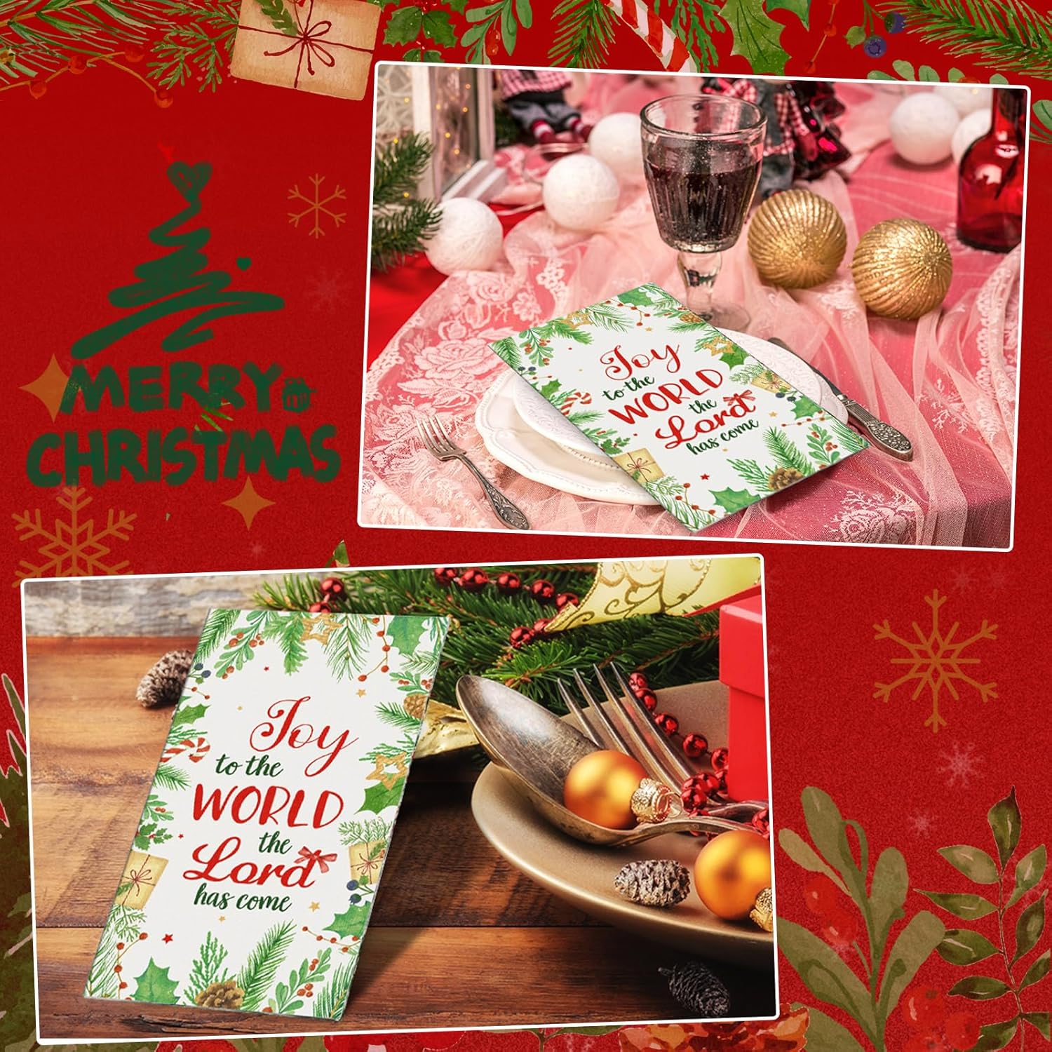 Geyoga 200 Pcs Christmas Guest Napkins Joy to The World Napkin Christmas Paper Hand Towel Bathroom Disposable Towels for Guests Xmas Home Dinner Holiday Party Supplies(Cute Style, 4.3 x 7.9 Inch)