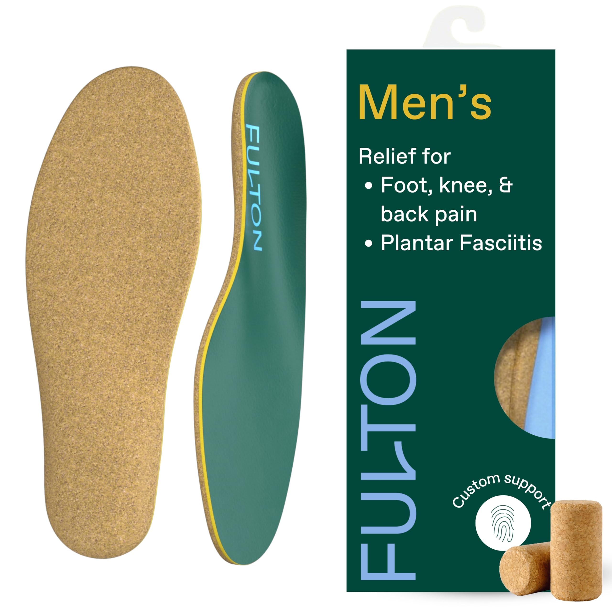 Fulton Custom Molding Cork Shoe Inserts for Men - Pain Relief Orthotic Insoles for All Day Comfort w/Plantar Fasciitis Arch Support - Arch Support Inserts Flat Feet to High Arch (Men's Size 10.5-11)