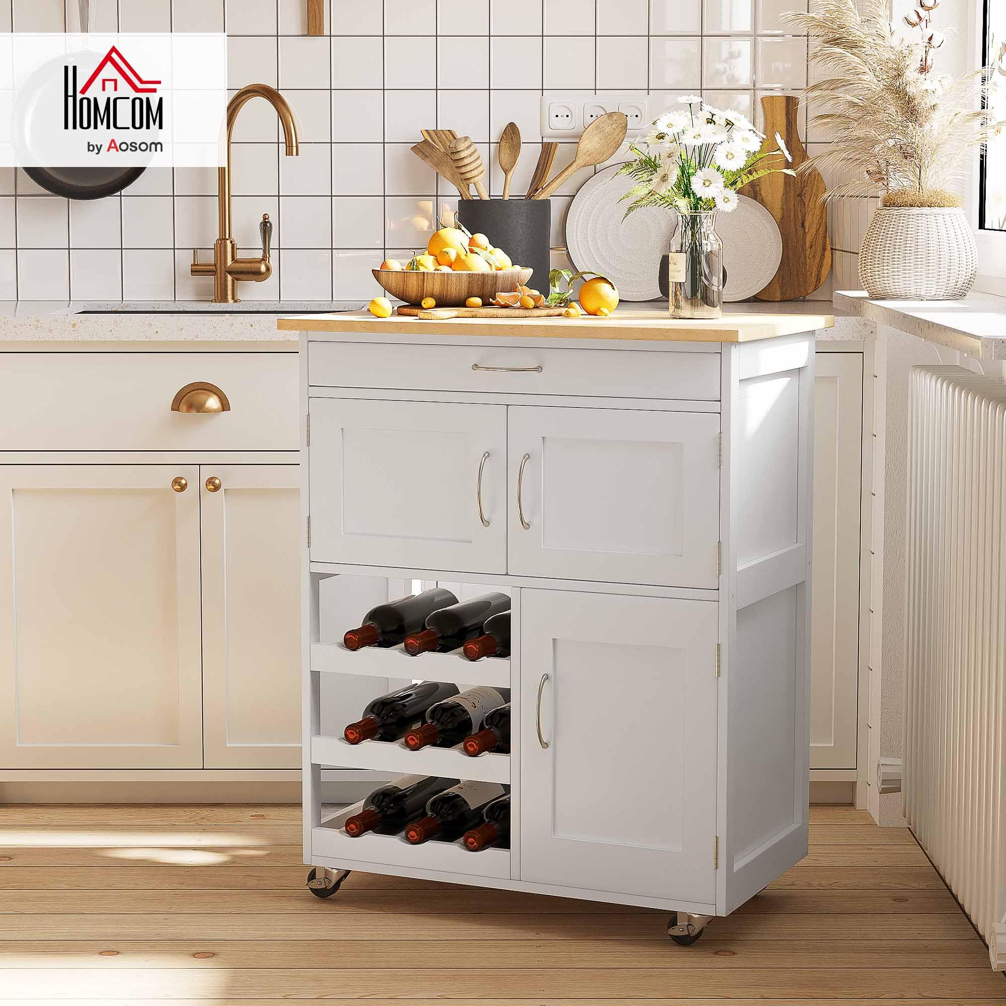 HOMCOM Carrello da Cucina con 9 Portabottiglie, 3 Ante, 4 Ruote e Cassetto, Mobiletto Cucina Salvaspazio con Piano in Legno di Gomma, per Soggiorno, 67x37x87 cm, Bianco e Rovere