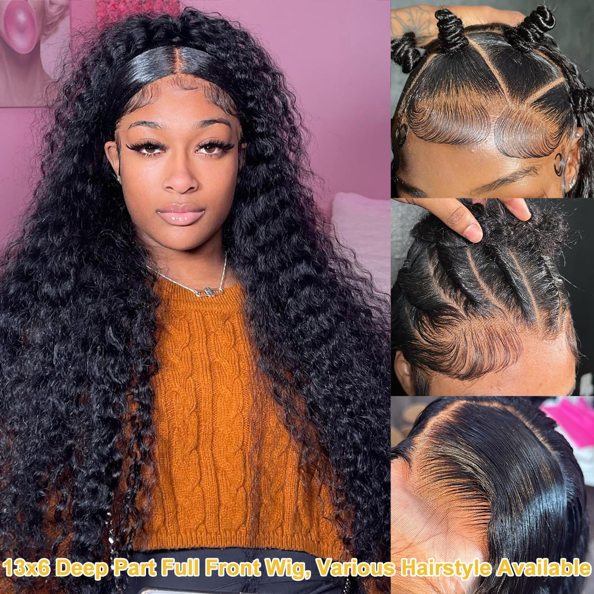 Bling Hair 36 Inch Deep Wave Lace Front Wigs Human Hair Glueless Curly Wigs for Women 200% Density 13x6 Lace Frontal Wet and Wavy Wigs Human Hair Pre Plucked with Natural Hairline Natural