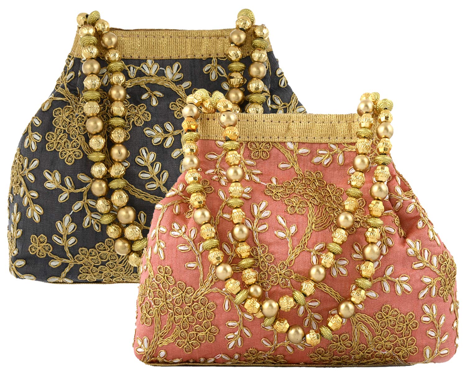 Heart Home Polyester 2 Pieces Embroidered Potli Batwa Pouch Bag for Women (Peach & Grey) HEART2881-image-37