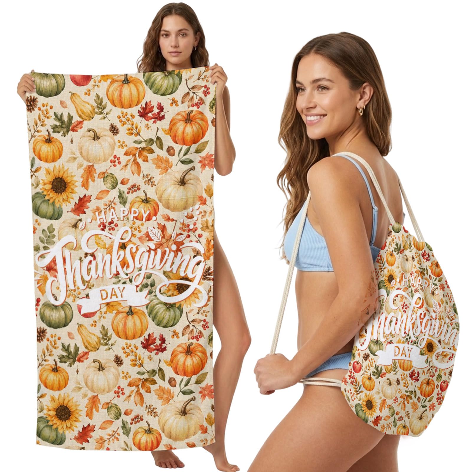 2-in-1 Beach Towel Backpack,Pumpkin Thanksgiving Maple Leaf Bath Towel with Built-in Storage Fall Farmhouse Sunflower Convertible Foldable Beach Blanket for Travel Pool Gym Camping Swim,31x63in