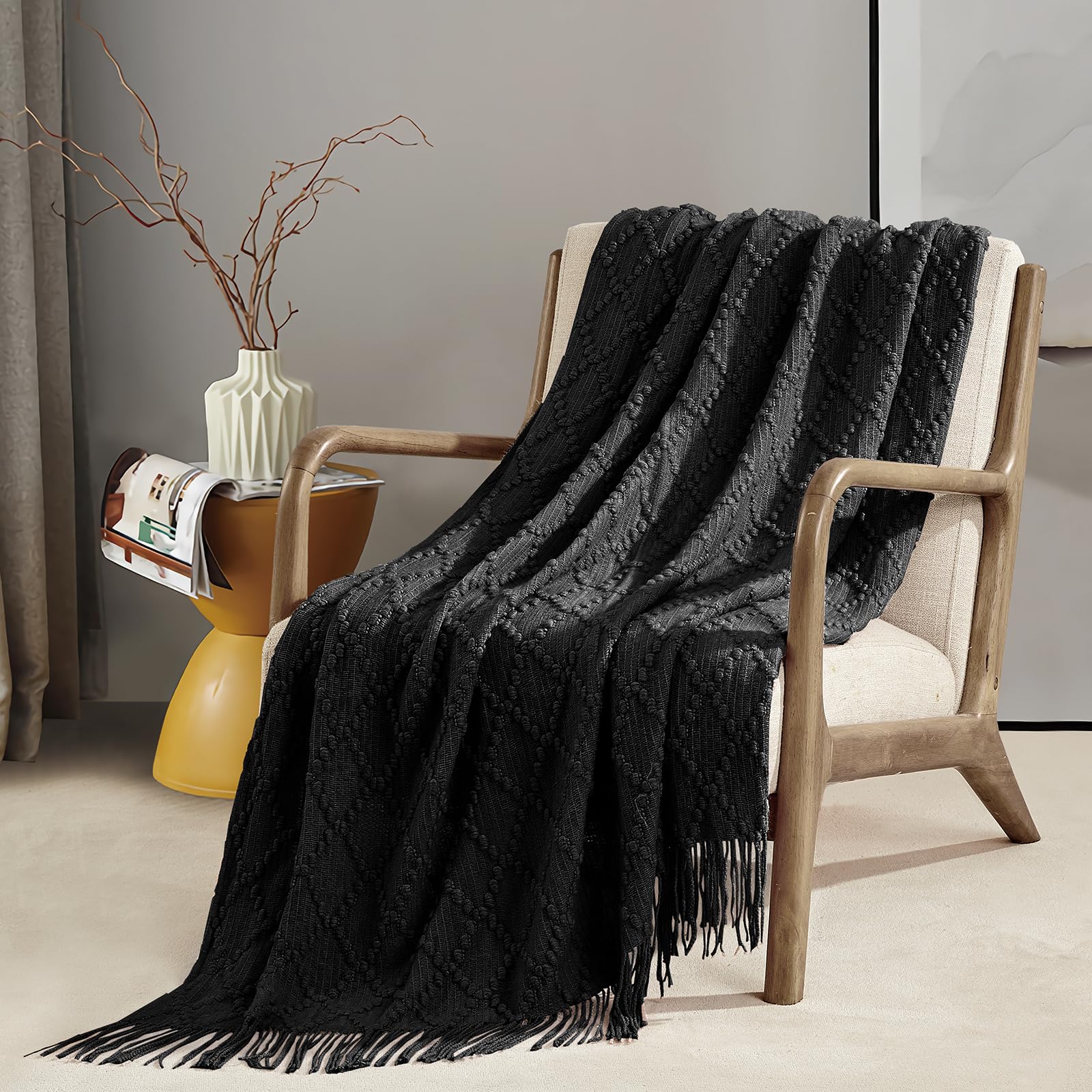 BOURINA Throw Blanket Textured Solid Soft Throws and Blankets for Sofa or Bed Knitted Decorative Blanket 127x178cm Black - Image 4
