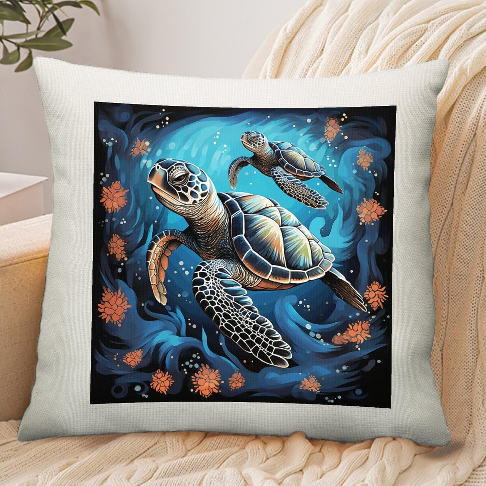 Adfgyerh Style Sea Turtle Boho Pillow Cover Breathable,Pillowcases Boho Decorative Envelope Closure,Throw Pillow Covers For Beach,Patio,Balcony,Couch Living Room 18 * 18In