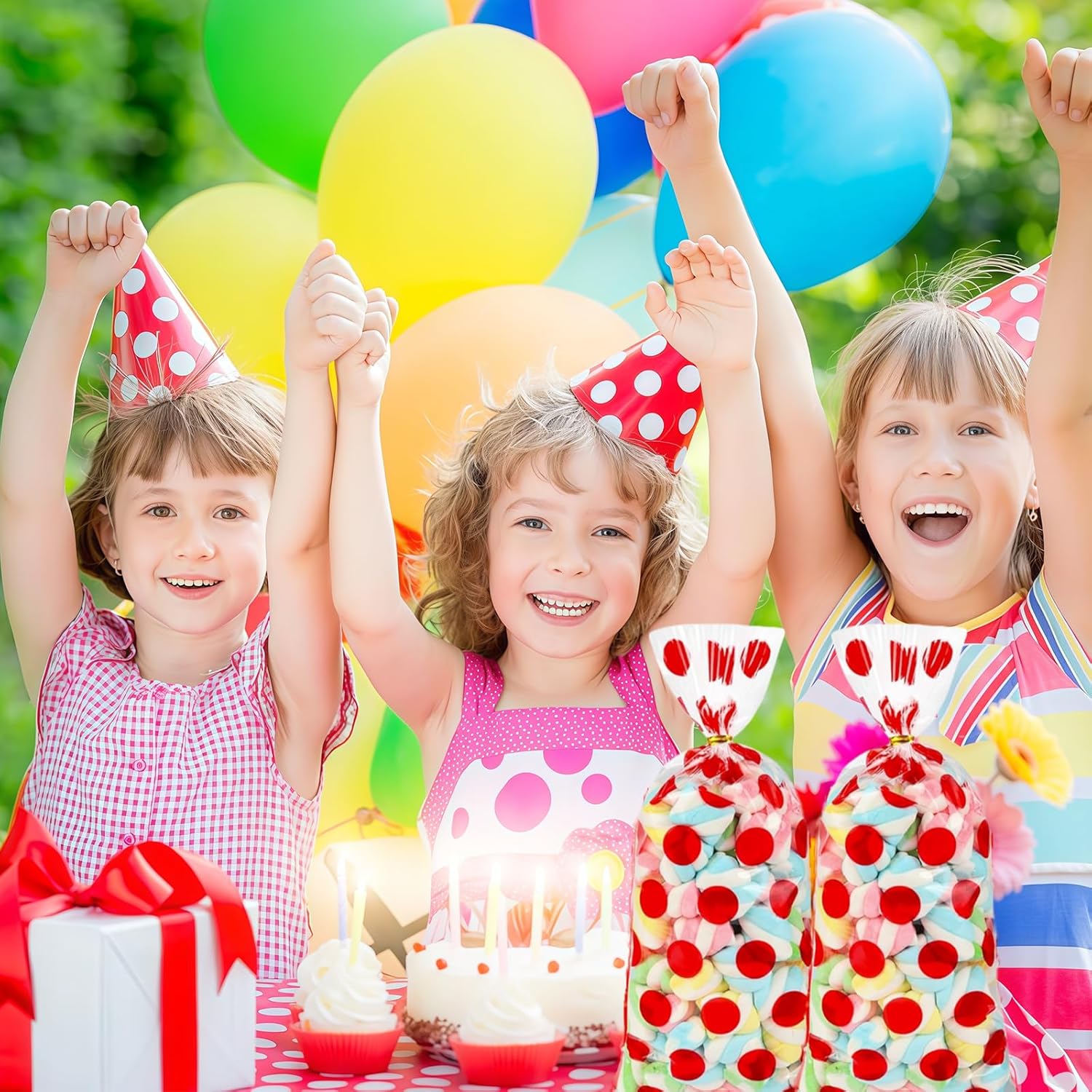 EatnMgan 200Pcs Cellophane Treat Bags,Cellophane Bags,Party Favors Bags Cellophane Treat,Goodie Candy with 220Pcs Twist Ties for Valentine, Birthday, Gift Cookie Snack Packing Party Favor Supplies (Red) - Image 6