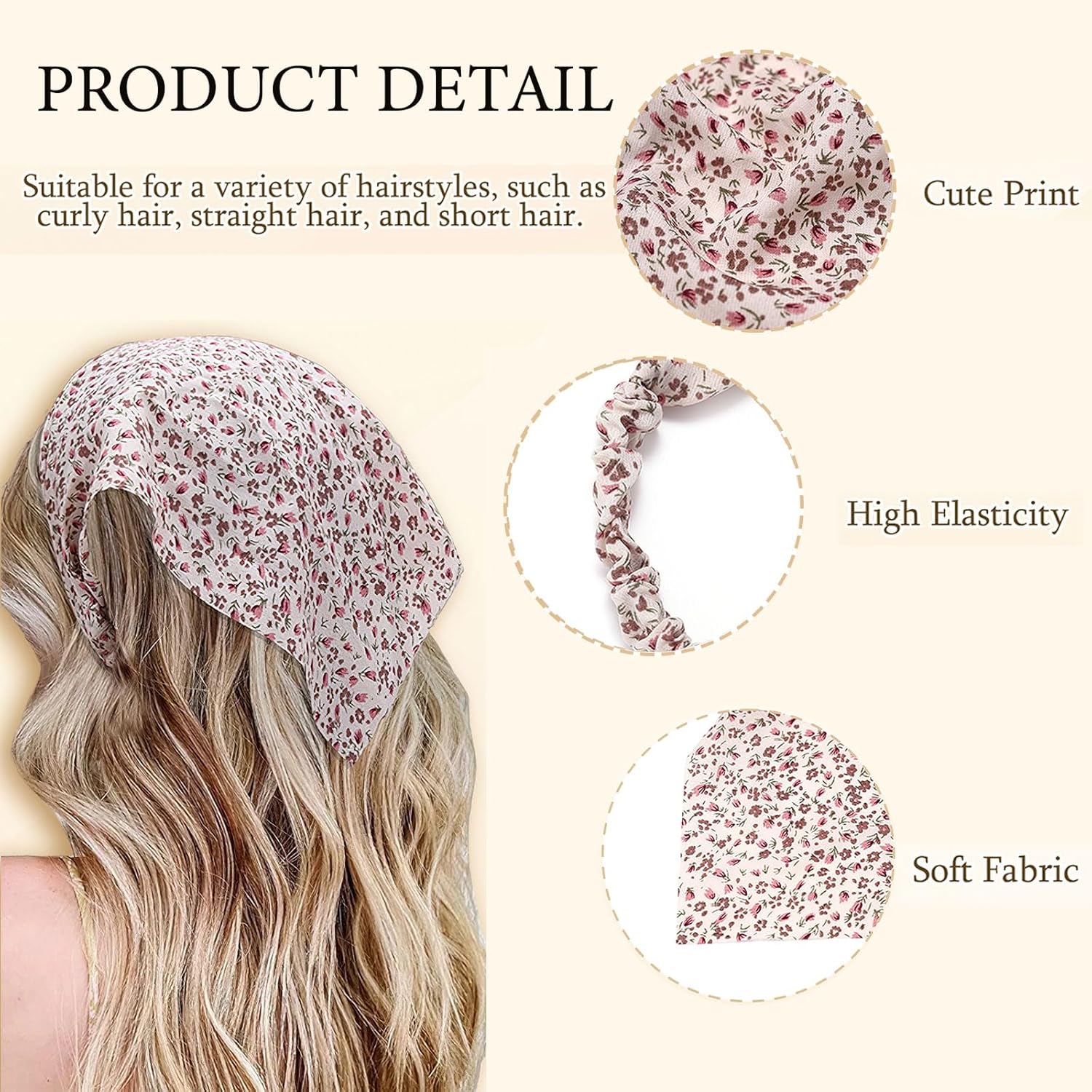 5 Pcs Floral Hair Scarf Elastic Headband, Bohemia Bandana Triangle Headscarf Flower Print Head Wrap Scarf Hair Accessories Headwear for Women(Mix Color) - Image 5
