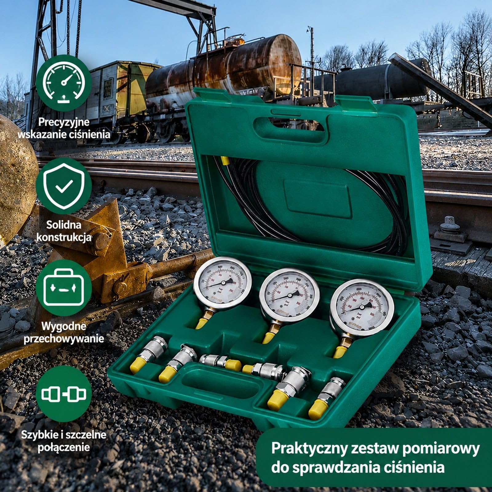 Zestaw do pomiaru ciśnienia hydraulicznego 250/400/600 bar, 3 manometry, 6 złączy, 3 węże, torba do koparek, ciągników, maszyn budowlanych