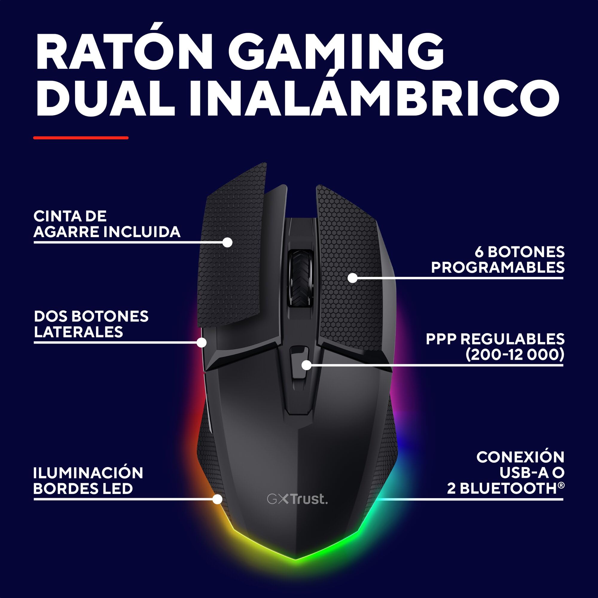 GXTrust 122 Felox+ Ratón Inalámbrico Gaming Bluetooth + 2.4GHz, Batería de 40h, 12K dpi, Iluminación LED Multicolor, 6 Botones, Ratón Gaming para Portátil, PC, Windows con USB-A Receptor, Negro - 3
