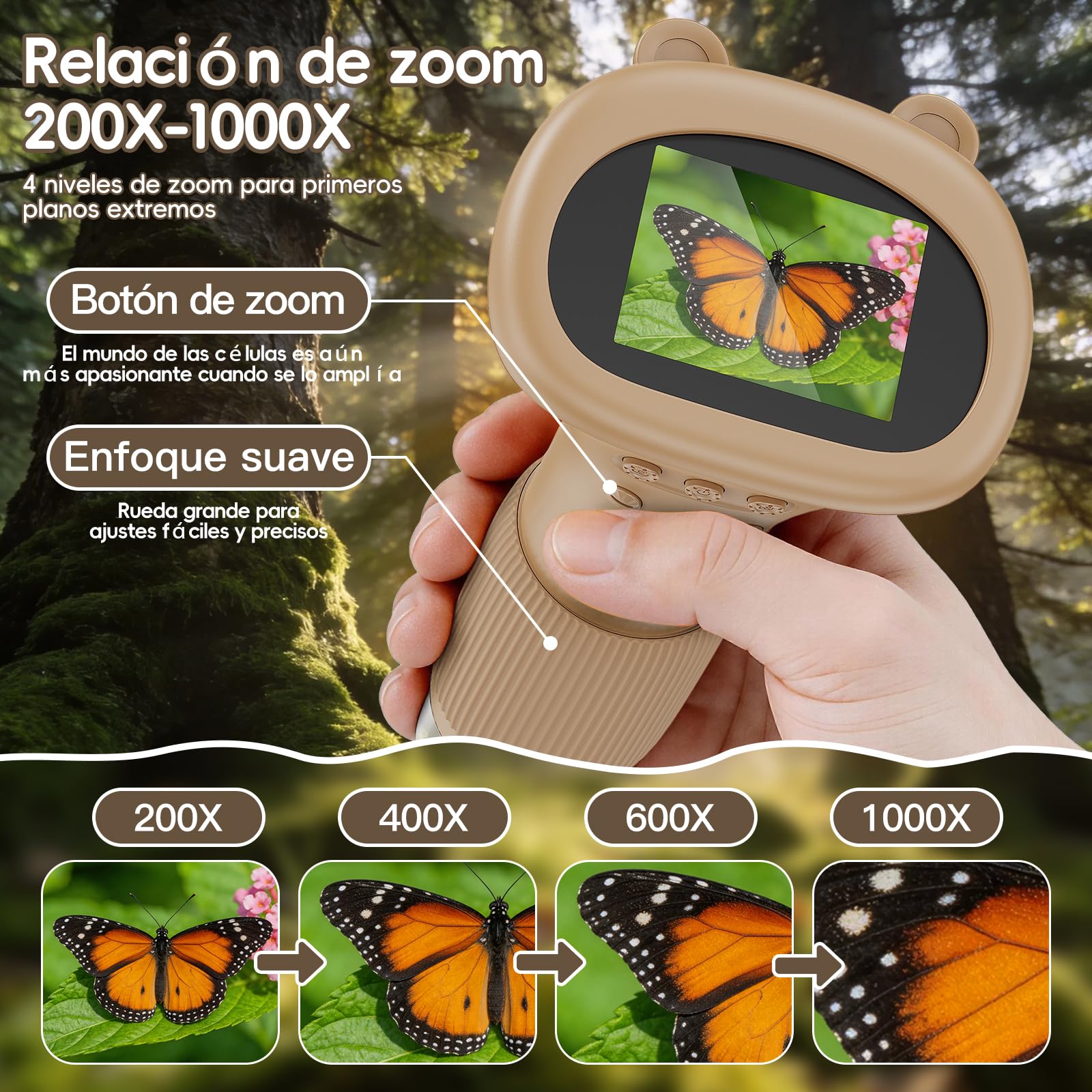 Microscopio Portatile Niños Zoom 1000x - Microscopio Digital Mini Recargable, Microscopi con Pantalla, 8 Luces LED, Ciencia Experimentos Juguetes para Cumpleaños/Navidad/Año Nuevo(Marrón)