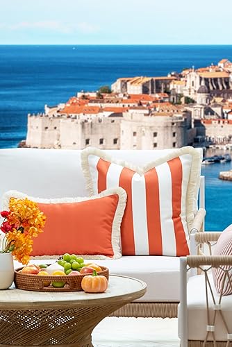 Miniatura 2 de Hofdeco Premium Funda de almohada otoñal para patio interior y exterior, 20 x 20 pulgadas, repelente al agua para patio trasero, sofá, flecos de