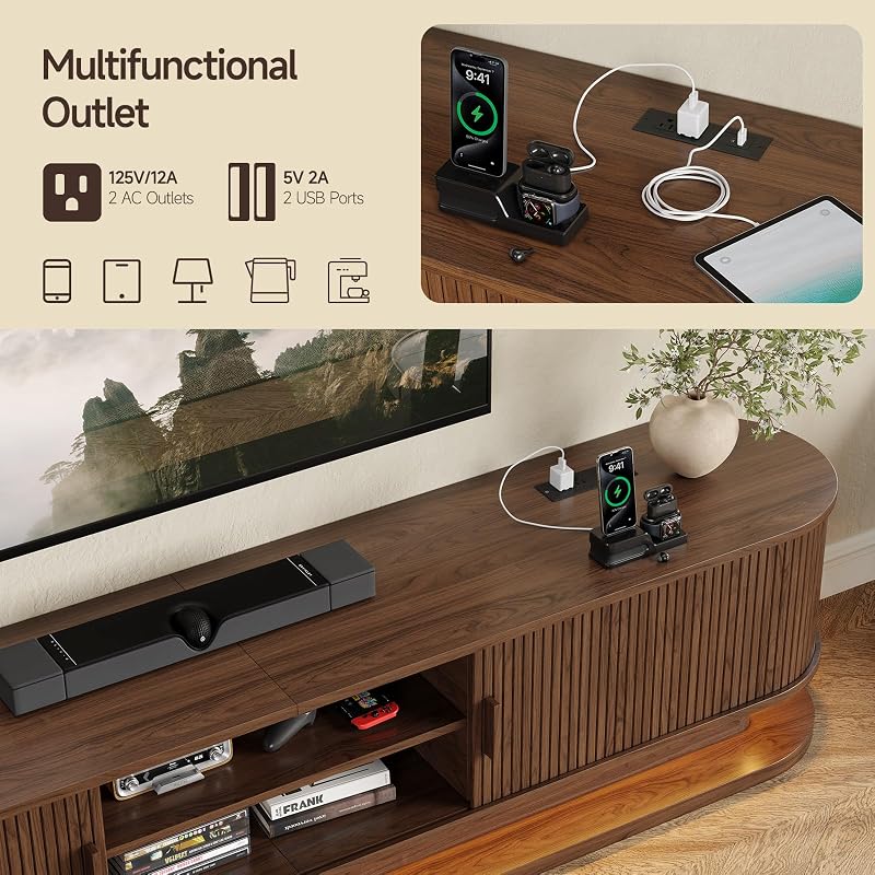ONBRILL 83" TV Stand up to 90 Inch with LED Lights and Power Outlet, Walnut image 5