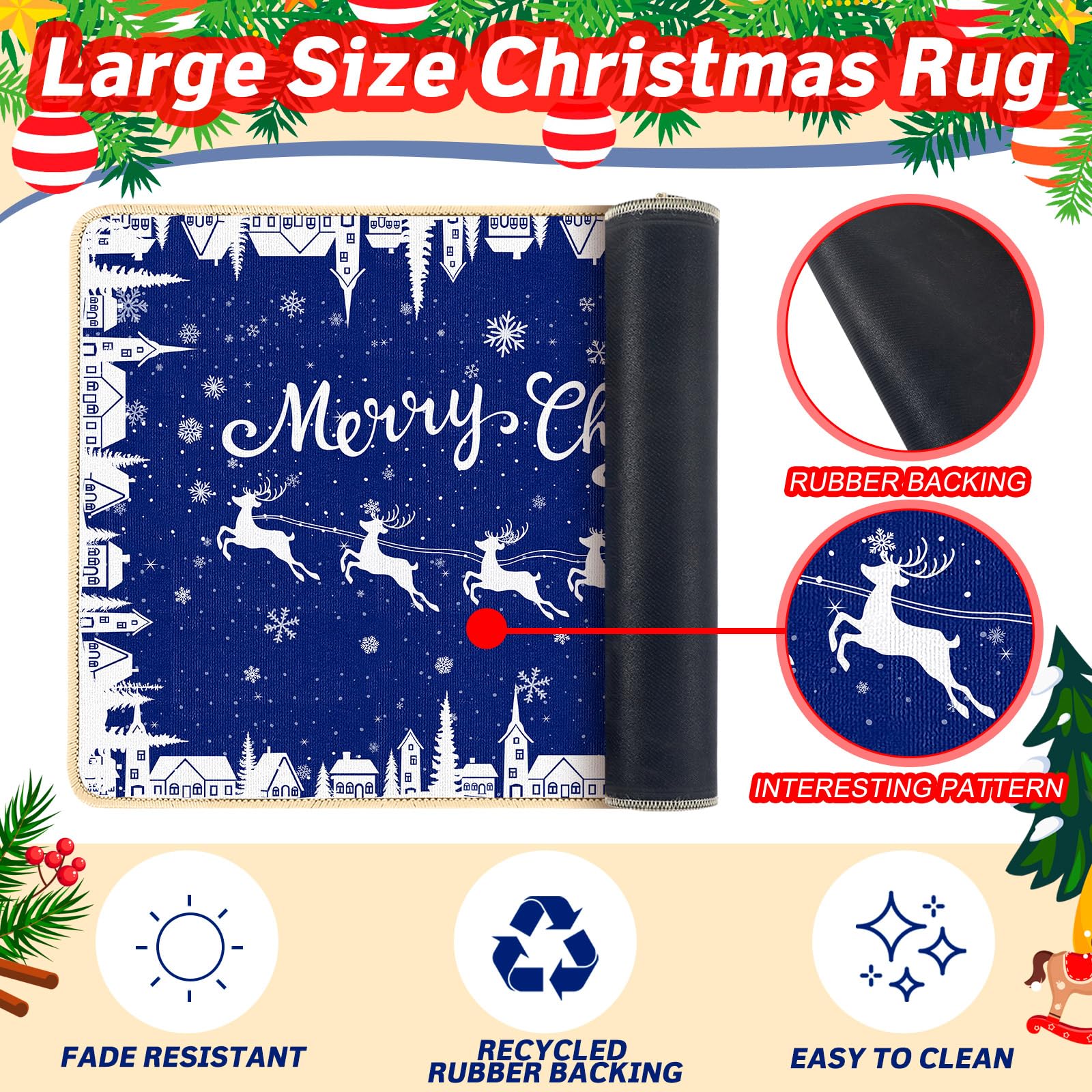 Dunzy Fußmatte, Motiv: blaue Schneeflocken, Motiv: Frohe Weihnachten, Winterdorf, Küchenteppich, Heimdekoration, rutschfest, waschbar, Teppich für Küche, Eingangsbereich, Schlafzimmer, Badezimmer