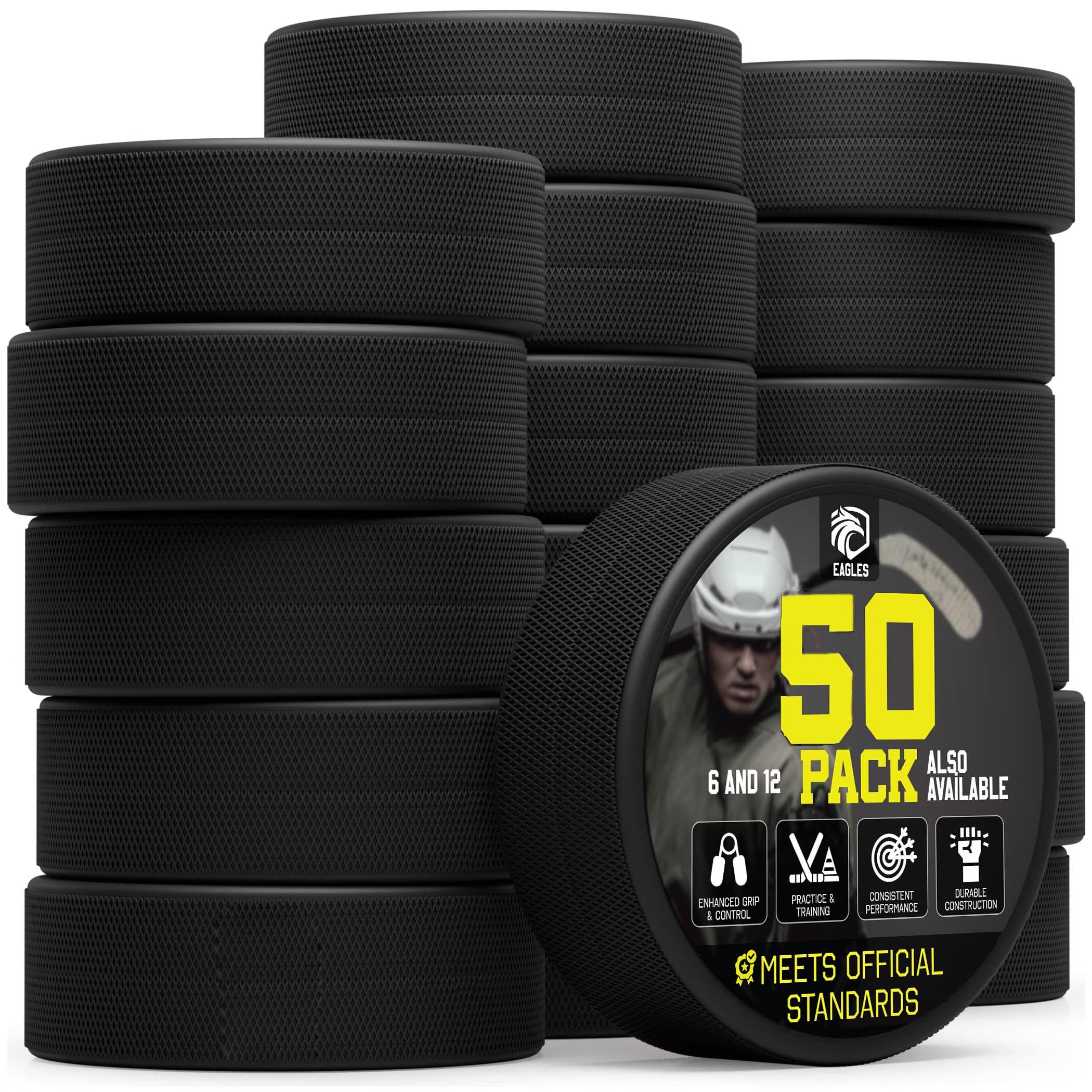 EAGLES Lot de 6 ou 50 palets de hockey sur glace | Poids et taille réglementaires officiels de haute qualité pour la pratique et l'entraînement classique – 170,1 g de diamètre 7,6 cm d'épaisseur 2,5