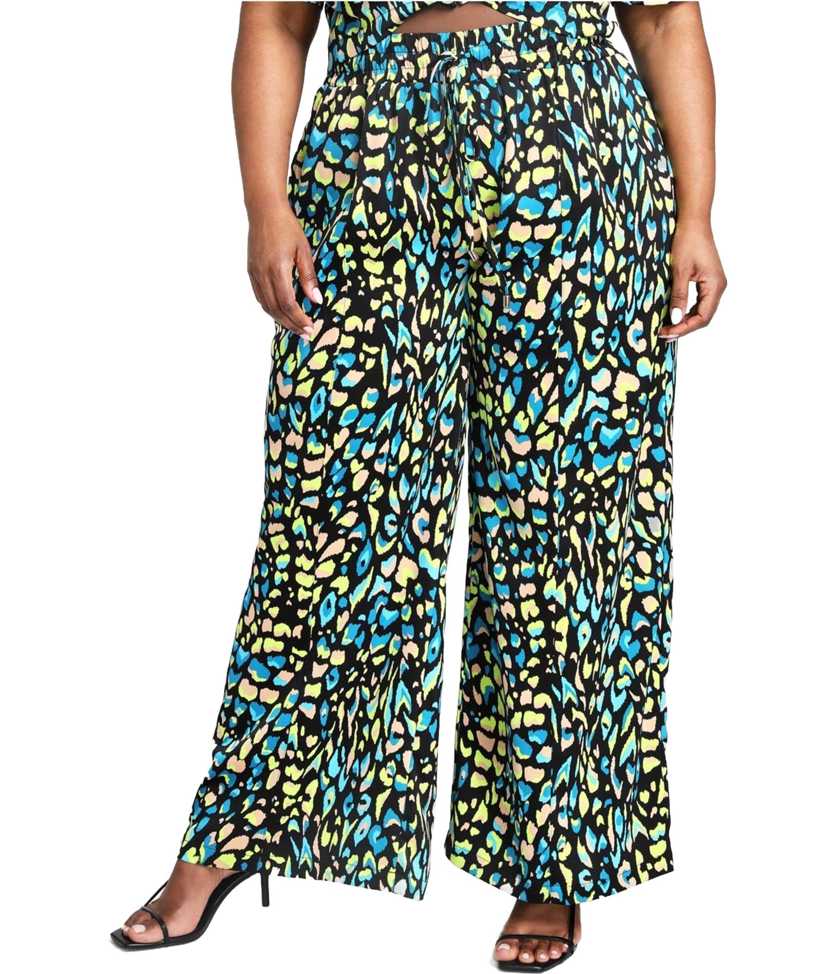 Nina Parker Womens Leopard Printed Satin Casual Wide Leg Pants Multicoloured Plus Size 4X