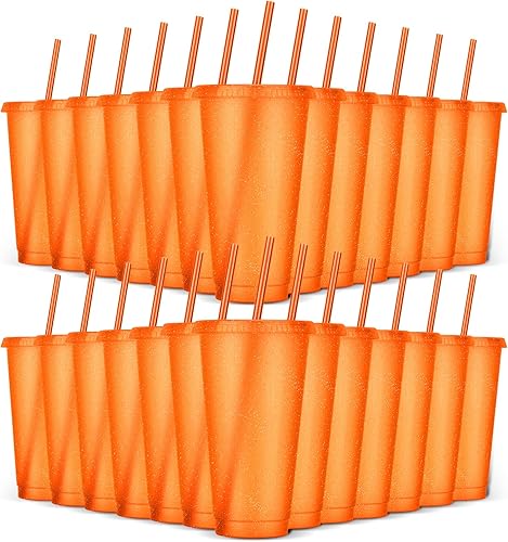 Paquete de 24 vasos de plástico con tapas y pajitas, vasos reutilizables con tapas, vasos coloridos de plástico para fiestas de cumpleaños, taza de