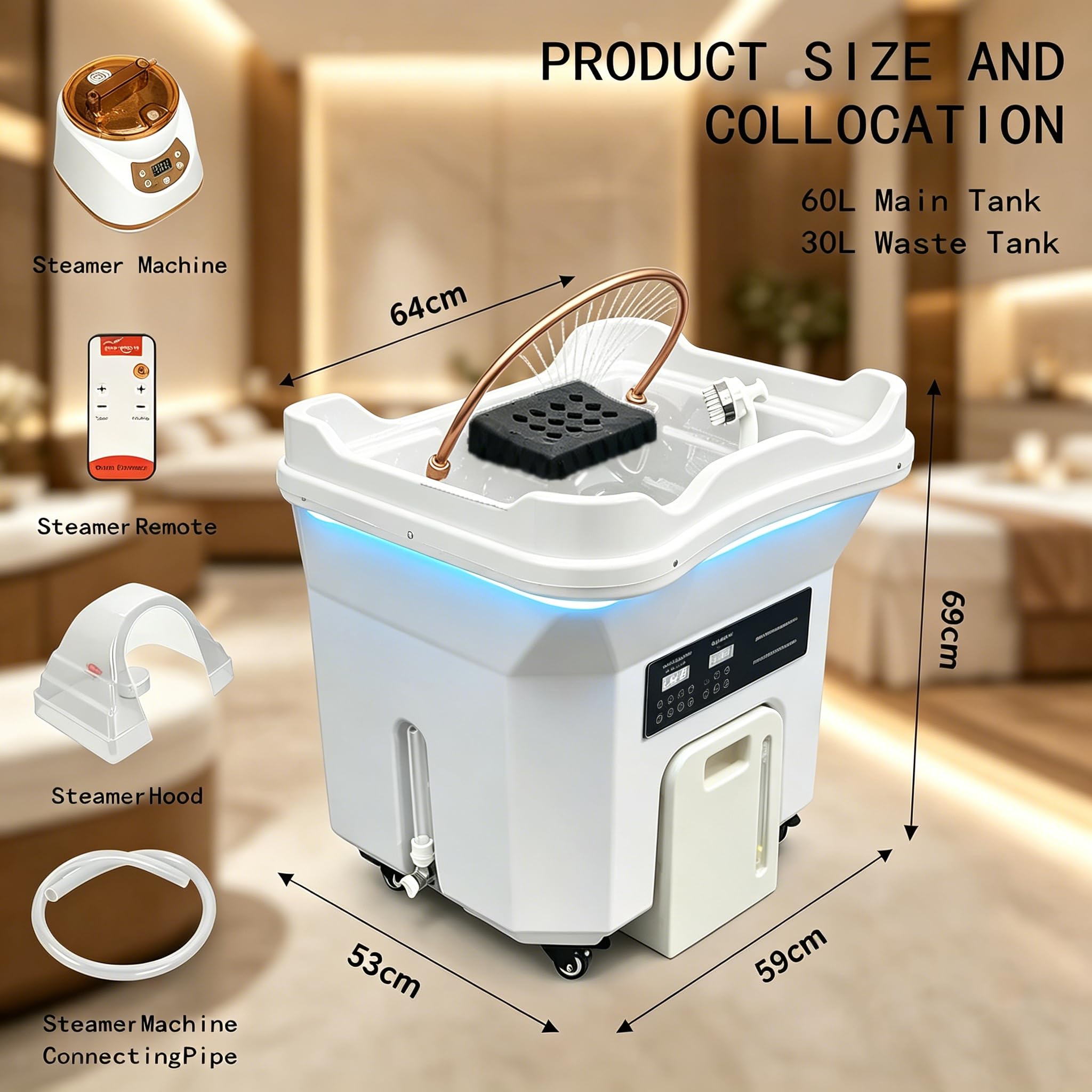 Generisch Neueste Head Spa, Mobiles Waschbecken mit 60L Wassertank und Abwassertank, inkl. Dampfhaube, Verneblung, Phototherapie und 4 Rollen, für Salon und Friseur， Konstanttemperatur-Wasserfall