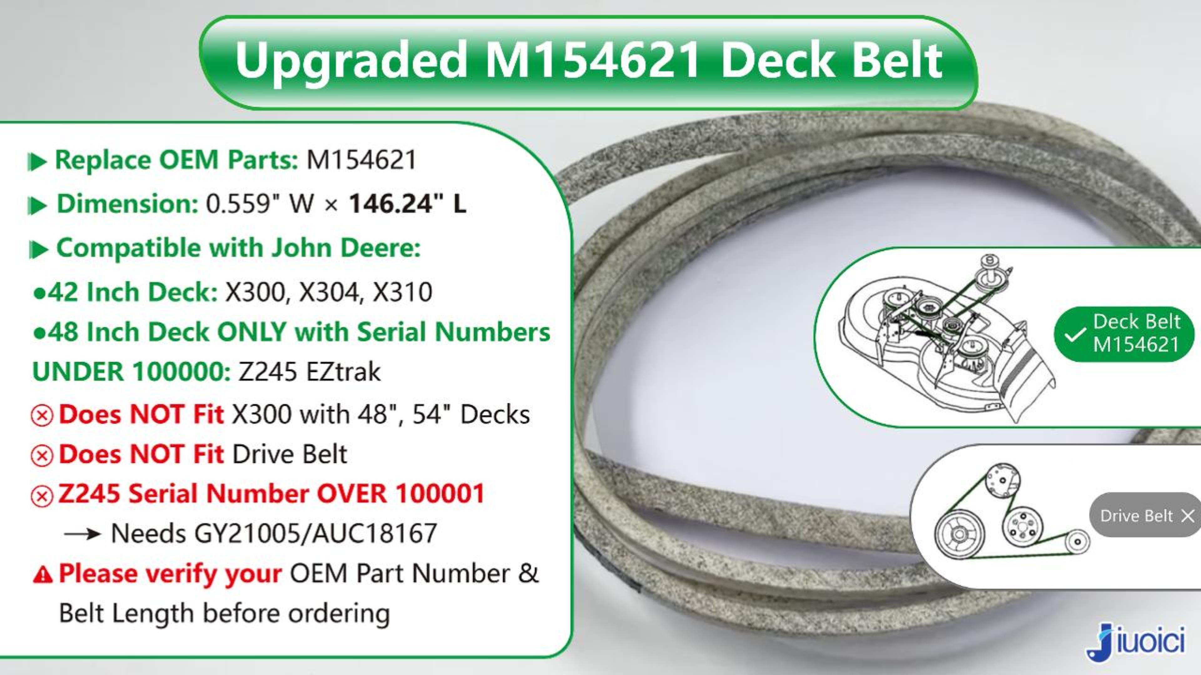 Image of M154621 (146.24 inch) Heavy-Duty Mower Deck Belt, Fits John Deere 42 inch Deck | Fits John Deere 42 inch Deck X300 X304 X310, 48 inch Deck Z245 EZtrak Mower Blade Belt, Aramid Core, Zero-Stretch