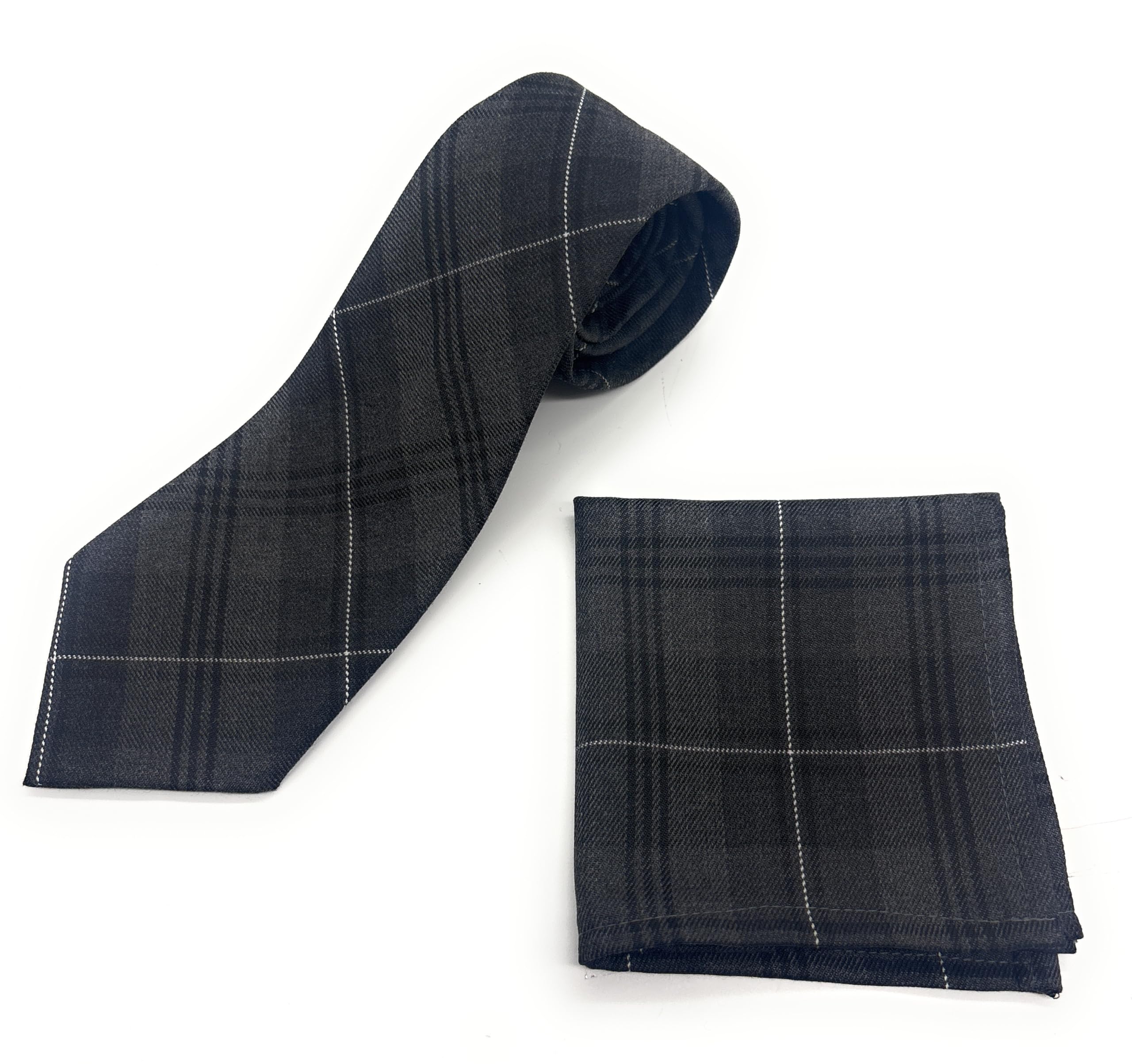 Scottish Essence Unisex Grey Granite Men's Tartan Neck Tie And Pocket Square Set, Matching Pattern (Grey Granite)