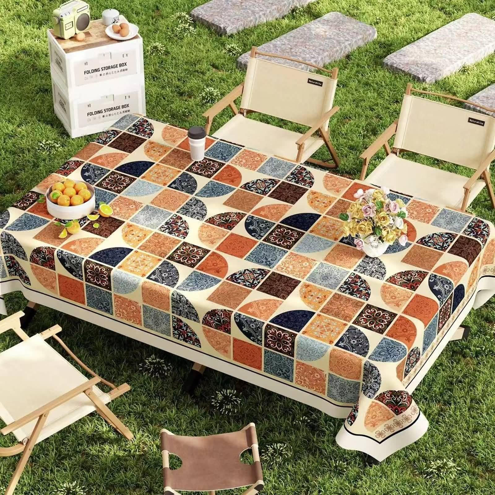 Tovaglia Rettangolare PVC, Beige Arancione Blu, 100x180CM