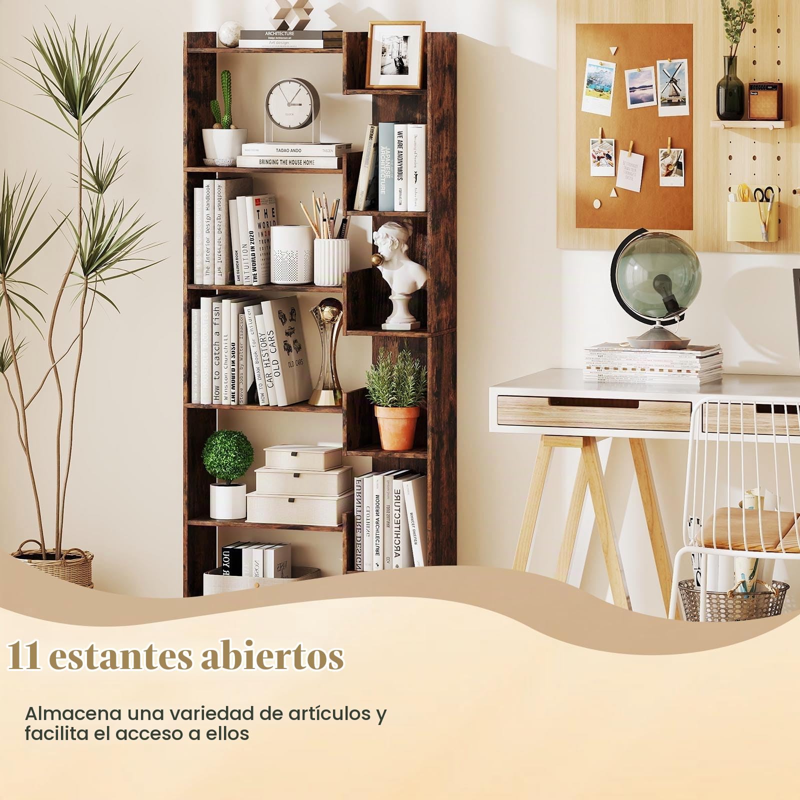 HOMASIS Estanteria Libros de Madera, Librería de 6 Niveles, 11 Estantes de Exhibición Abierto, Libreria Salon Oficina Dormitorio, 69 x 22 x 163 cm Natural/Café/Blanco (Café)