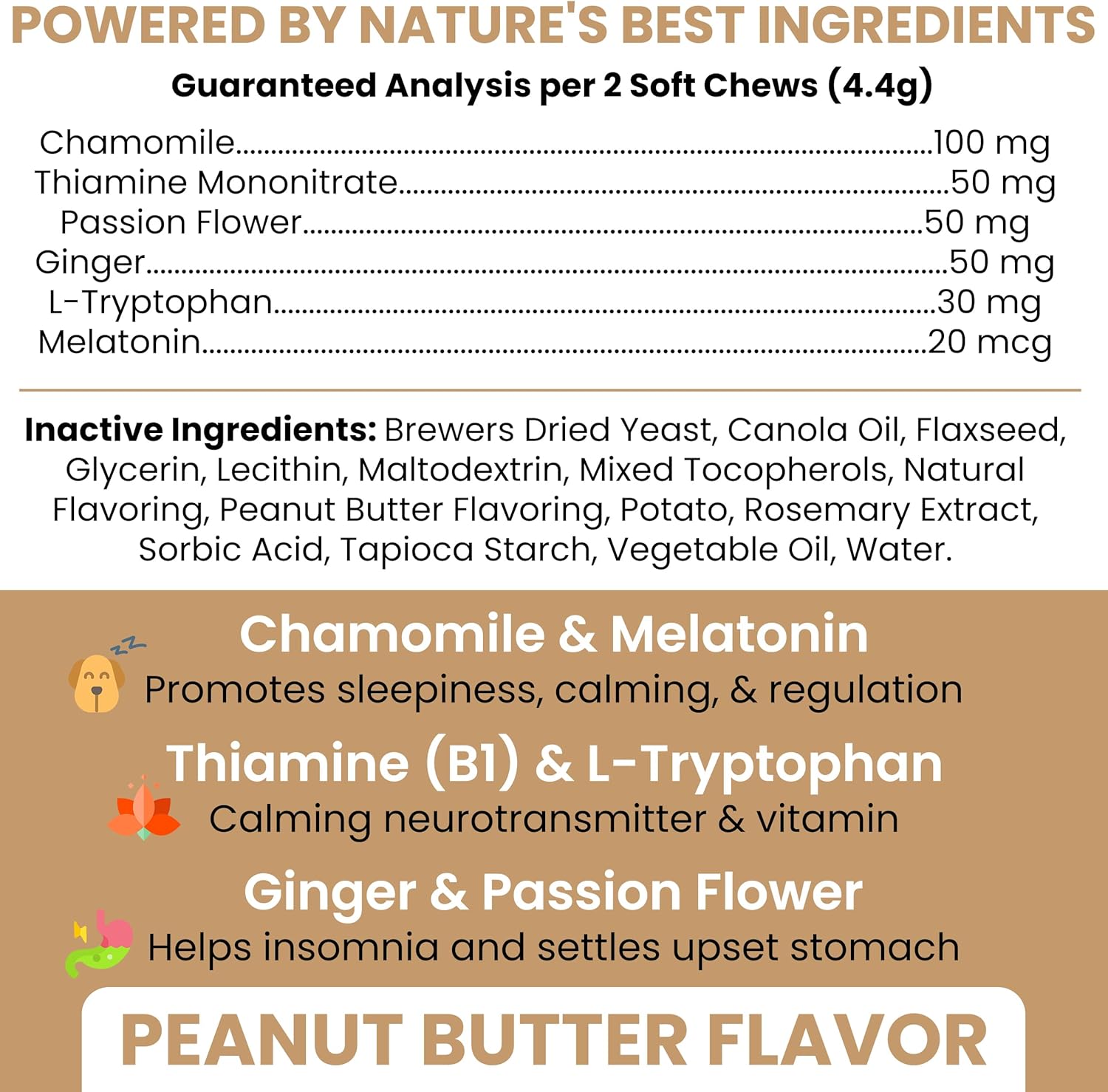 Calming Chews for Dogs - 120 Anxiety Relief Treats for Fireworks, Thunder, and Storms - Peanut Butter Flavor - Natural Dog Calming Treats with Thiamine, L-Tryptophan, Ginger, and Melatonin