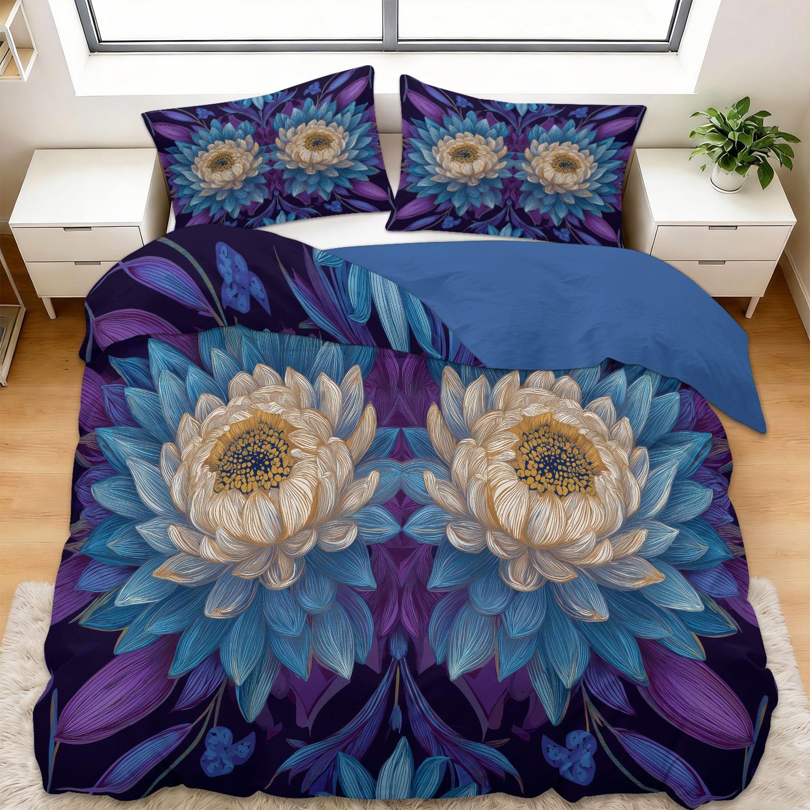 Fioletowa poszewka na kołdrę 150 x 220 cm geometria kwiatowa mandala 3-częściowy zestaw pościeli z miękkiej mikrofibry – odporny na zagniecenia - komplet pościeli z zamkiem błyskawicznym - pościel do