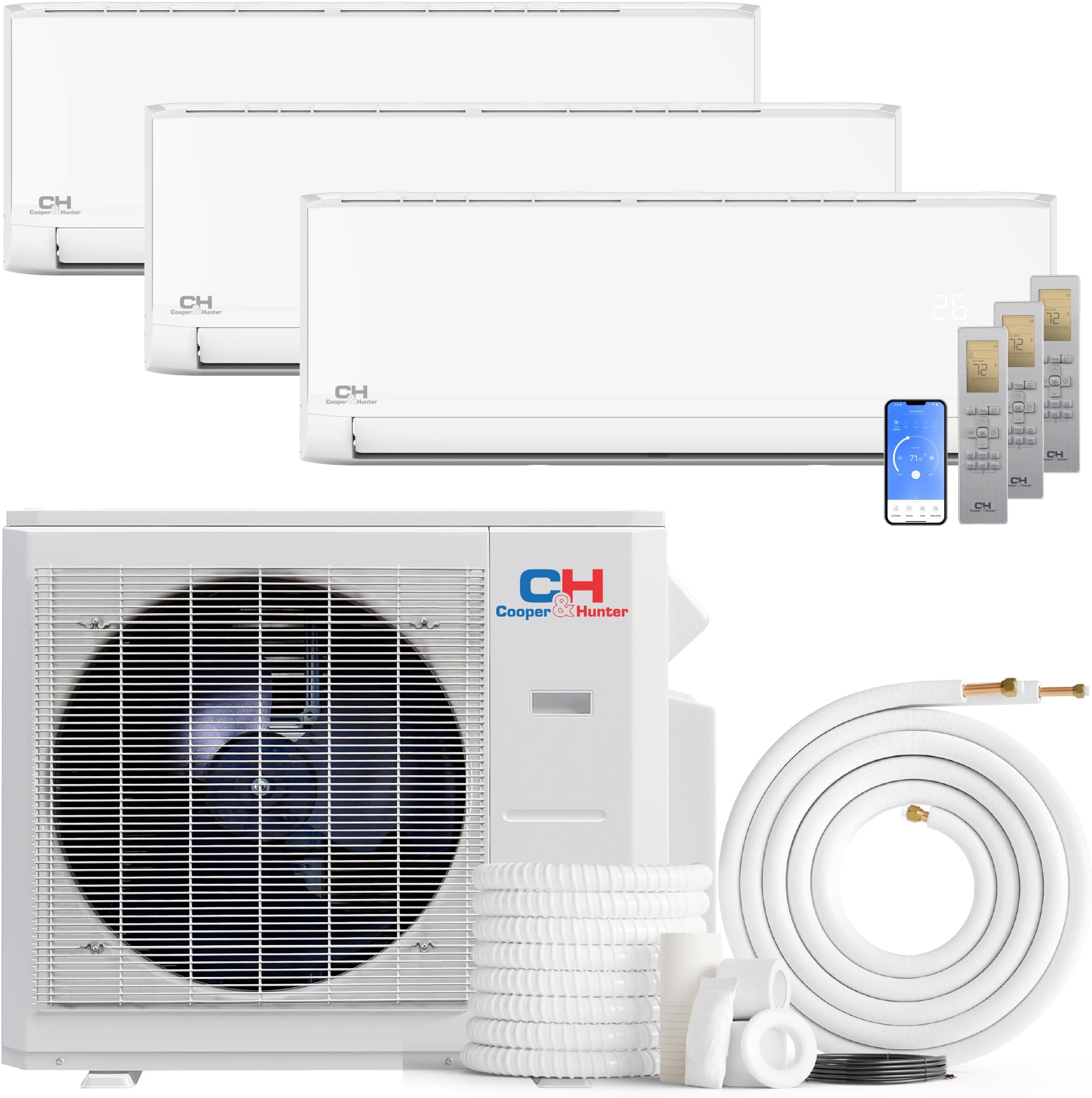 Cooper & Hunter 36,000 BTU Tri 3 Zone 12K + 12K + 18K Wall Mount Ductless Mini Split AC & Heat Pump – Smart Kits & 25FT Installation Kits – 24 SEER2 Inverter System - Pre-Charged
