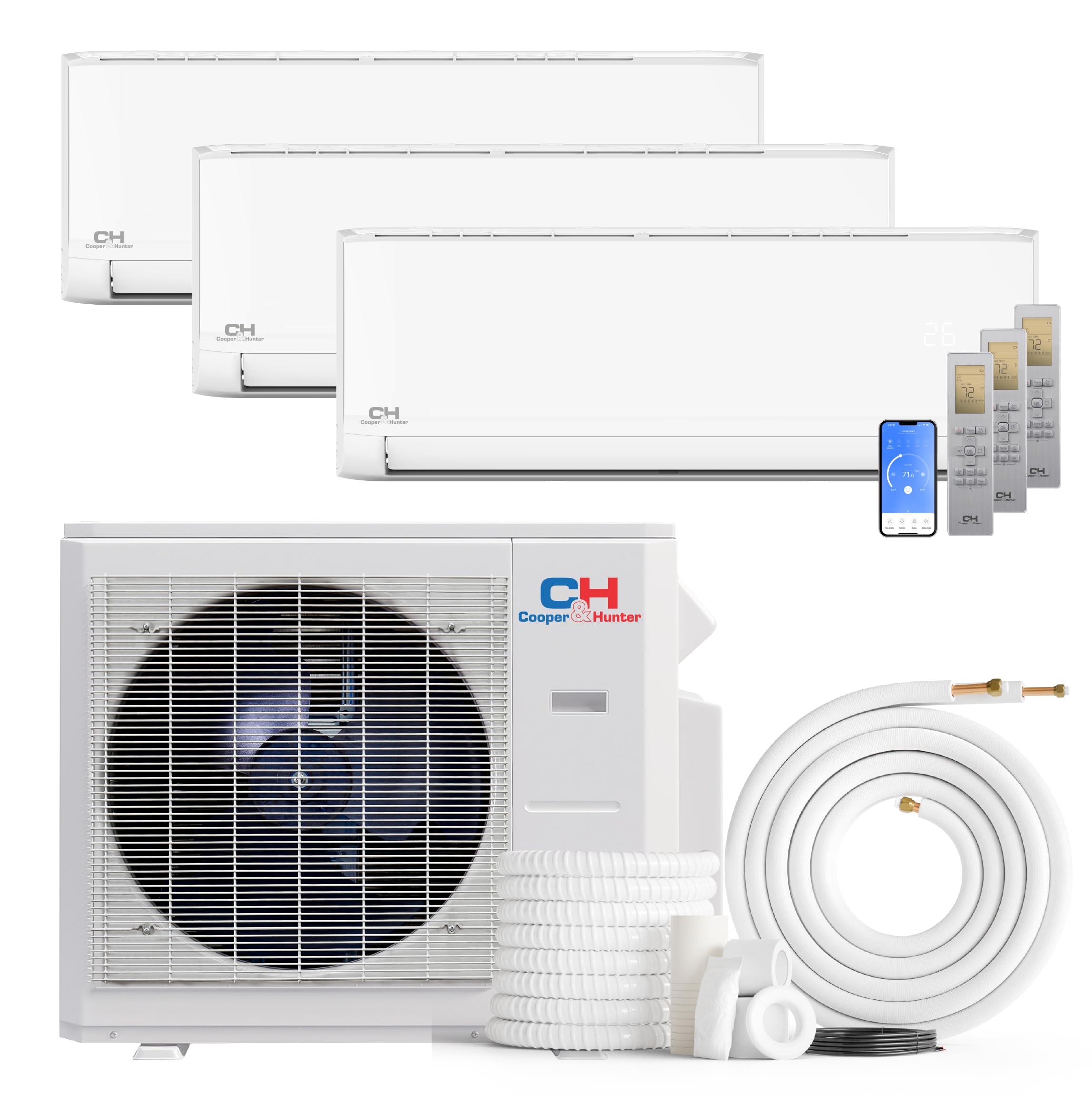 Cooper & Hunter 36,000 BTU Tri 3 Zone 12K + 12K + 18K Wall Mount Ductless Mini Split AC & Heat Pump – Smart Kits & 25FT Installation Kits – 24 SEER2 Inverter System - Pre-Charged