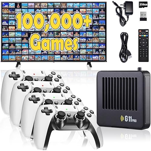 All8bit G11 Pro Game Box,Built-in 100,000+ Games, 60 Emulators,Retro Gaming Console with 2.4g Wireless Dual Controllers,Retro Gamer Pro, HDMI Output,Plug & Play Video Games for TV (4 Controllers)